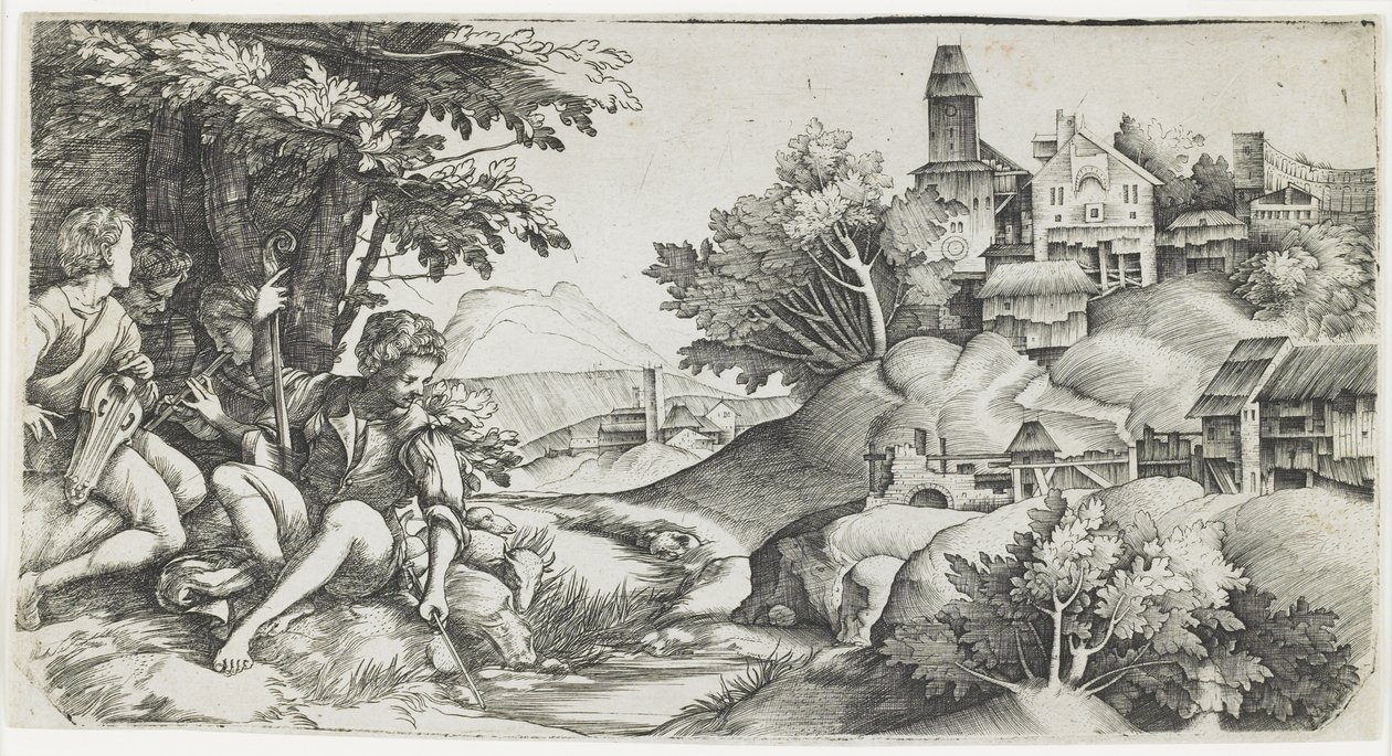 एक लैंडस्केप में चरवाहों, सी। 1517-1518 द्वारा Giulio Campagnola