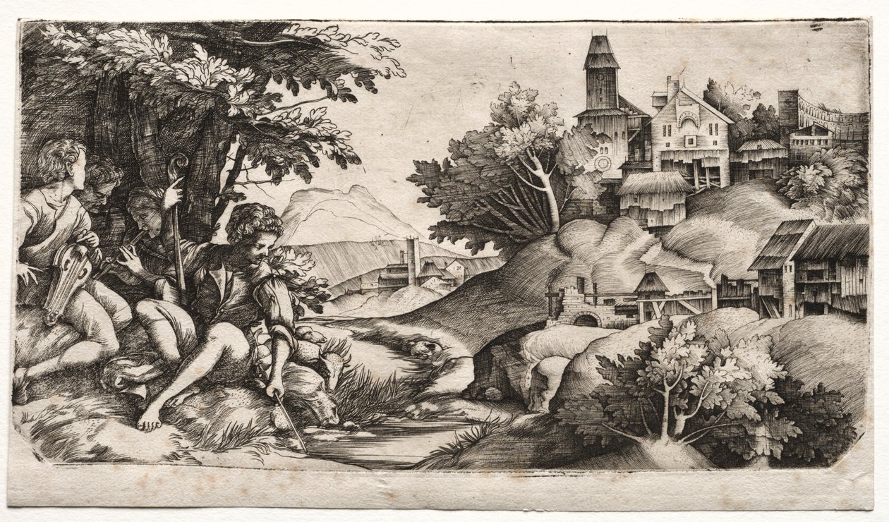 एक लैंडस्केप में चरवाहों, सी। 1517। द्वारा Giulio Campagnola