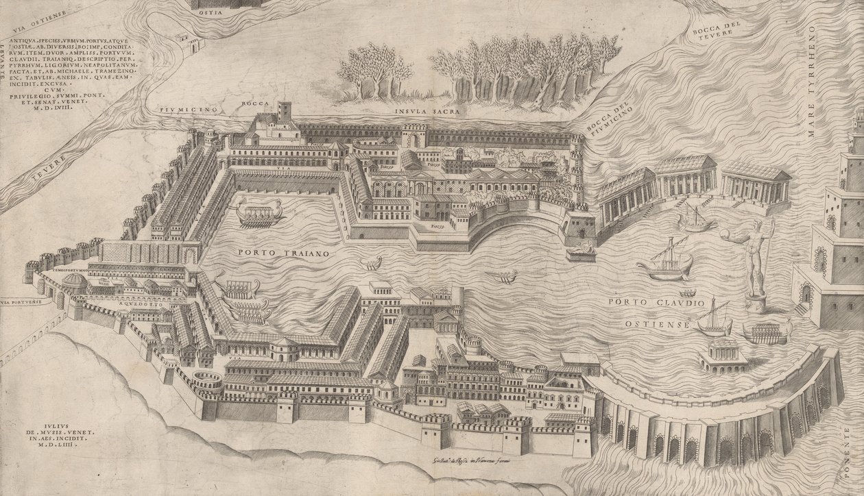 रोमन भव्यता का दर्पण: रोम के बंदरगाह का बर्डसे व्यू, 1554, 1554। द्वारा गिआलियो डी मुसी