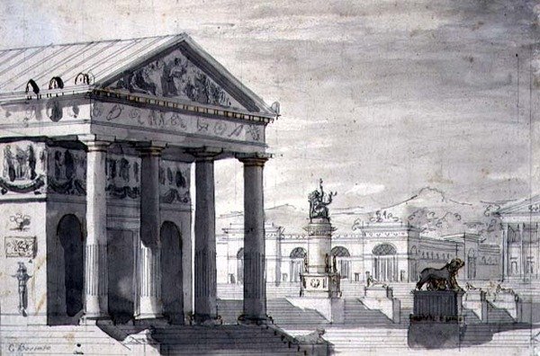 नियो-क्लासिकल स्टेज सेट, c.1825 (कागज पर कलम और स्याही और सेपिया वॉश) द्वारा ग्यूसेप बोरसातो