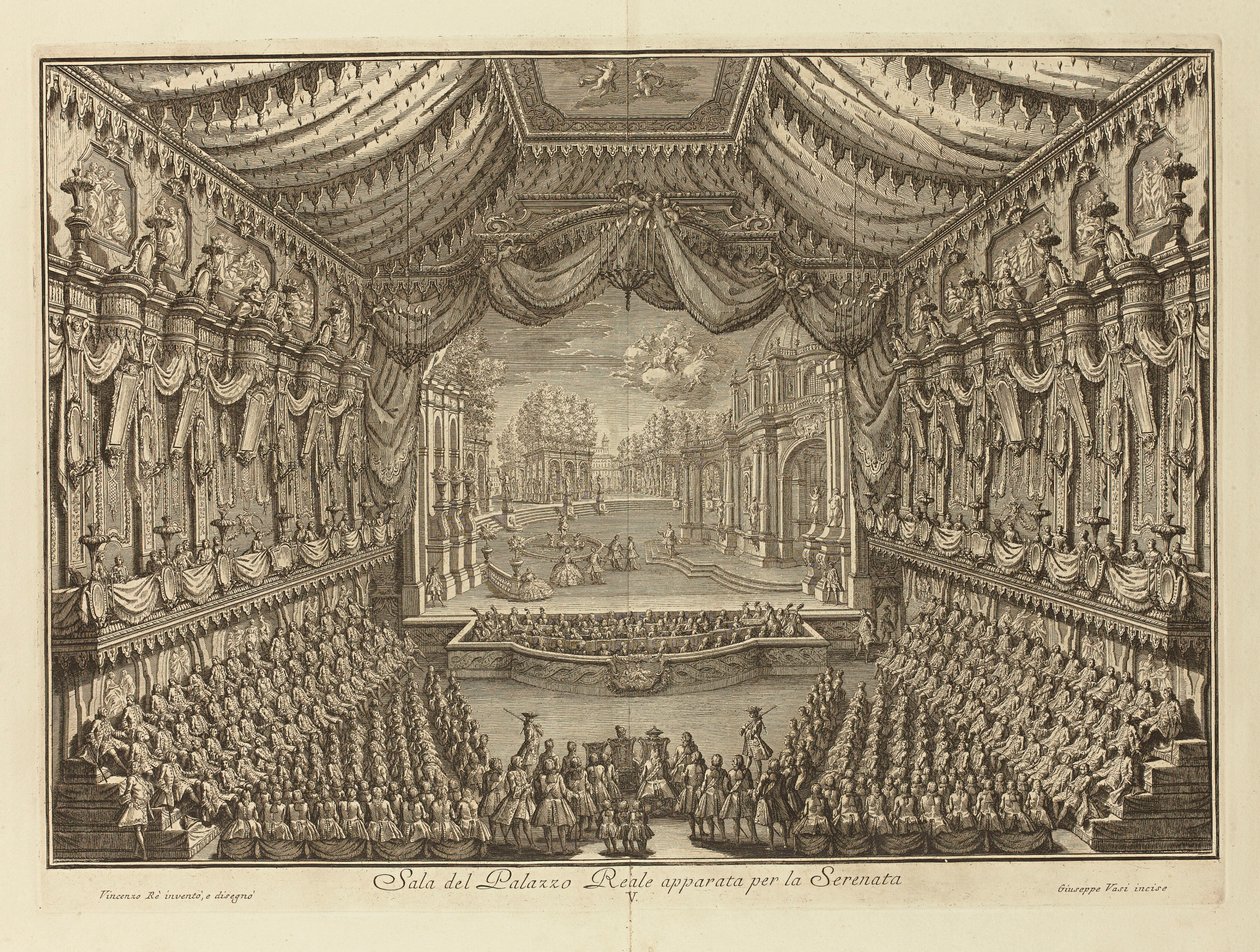 नेपल्स पार वासी के रॉयल पैलेस में ला सेरेनाटा का प्रदर्शन, ग्यूसेप (1710-1782)। कॉपर उत्कीर्णन, आकार: 41.5x62 द्वारा ग्यूसेप वासी