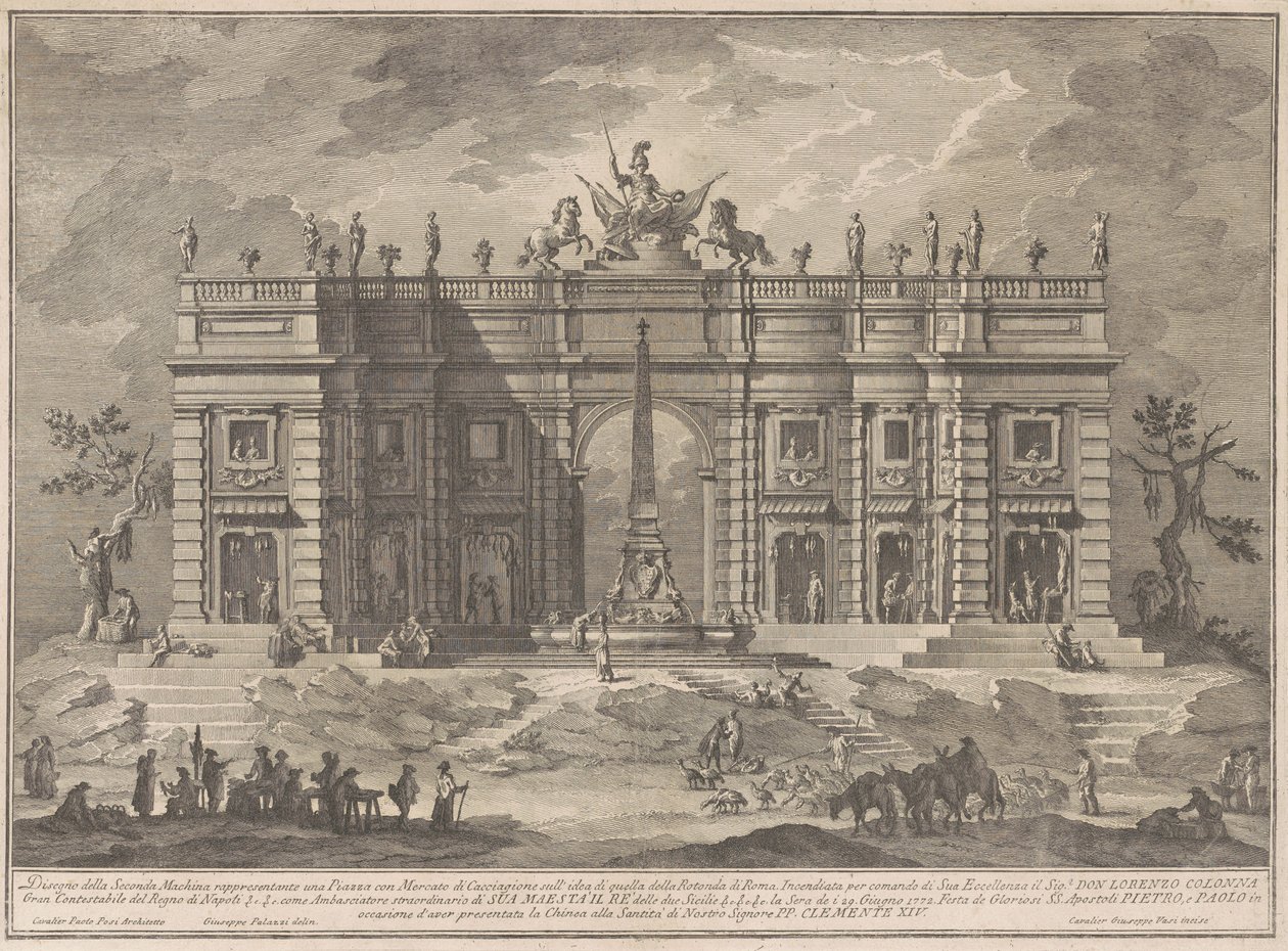 1772 के चीन के लिए सेकंडा मैकचिना: गेम मार्केट और पेंथियन फाउंटेन के साथ एक स्क्वायर द्वारा ग्यूसेप वासी, ज्यूसेप पलाज़ी के बाद, पाओलो पॉज़िक के बाद