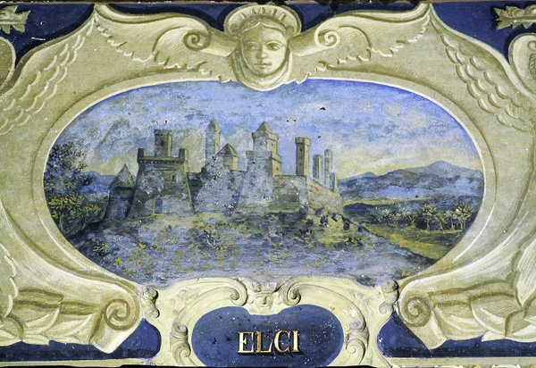 Elci, Conte Pannochieschi d'Elci (फ्रेस्को) के स्वामित्व वाले आवासों की छवियों को दर्शाने वाले कार्टूच की एक श्रृंखला से द्वारा Giusto Utens