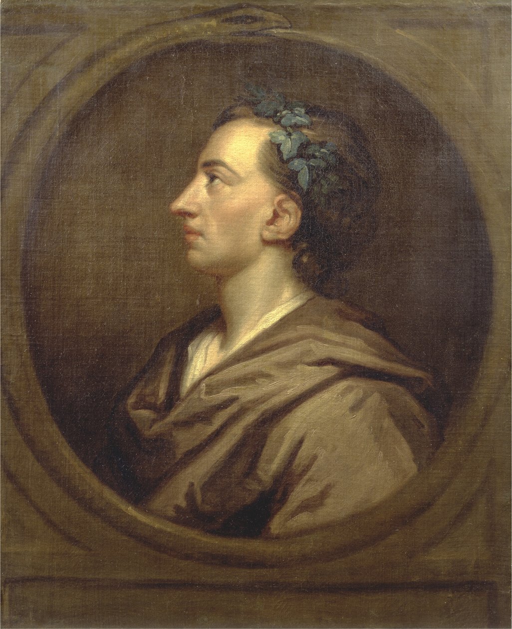 अलेक्जेंडर पोप (1688-1744) प्रोफ़ाइल, आइवी के साथ ताज (कैनवास पर तेल) द्वारा गॉडफ्रे (स्टूडियो ऑफ नेलर)