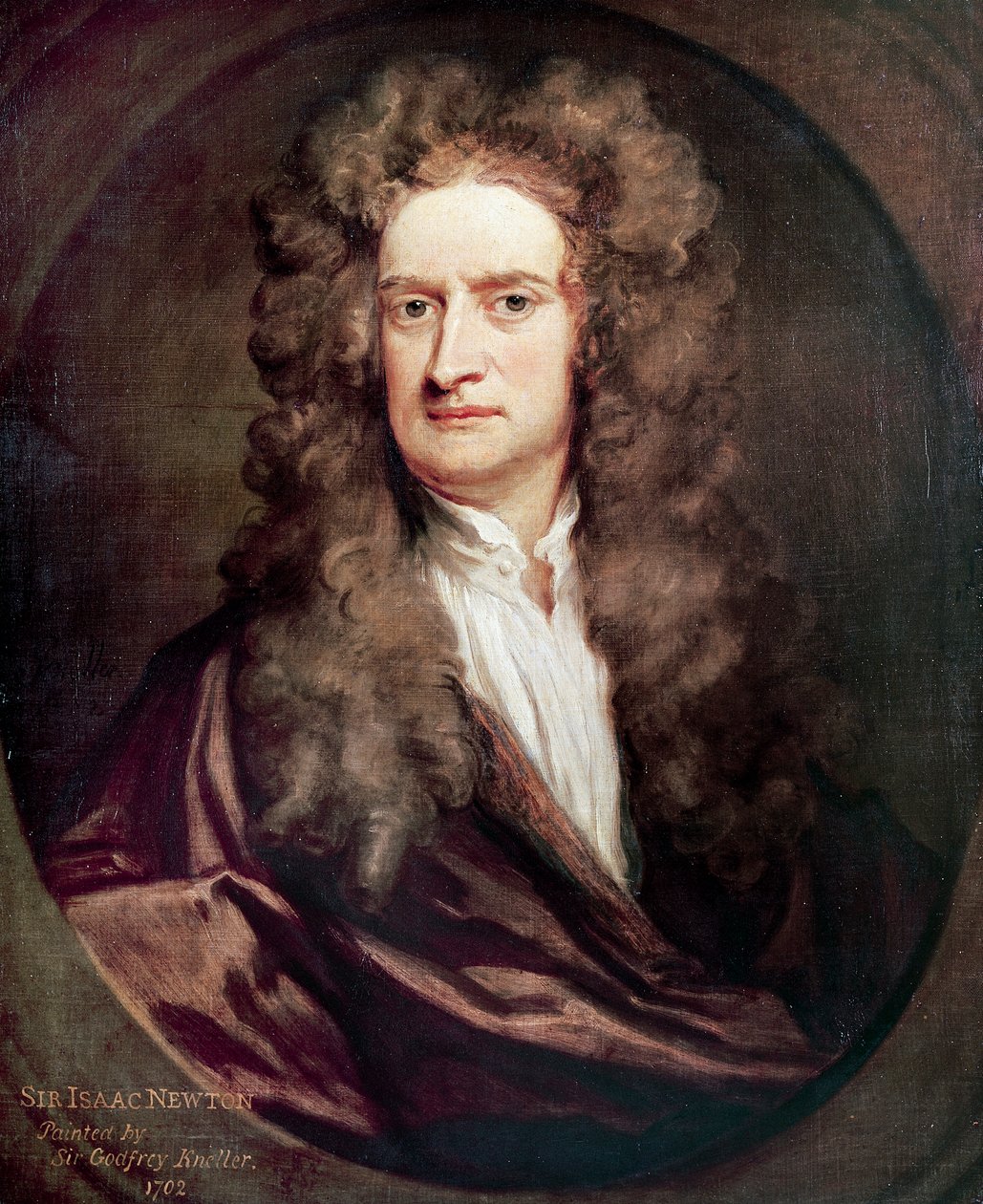 आइजैक न्यूटन का पोर्ट्रेट (1642-1727), अंग्रेजी गणितज्ञ, भौतिक विज्ञानी और खगोलशास्त्री, गॉडफ्रे नेलर द्वारा पेंटिंग (1646-1723) द्वारा गॉडफ्रे नेलर