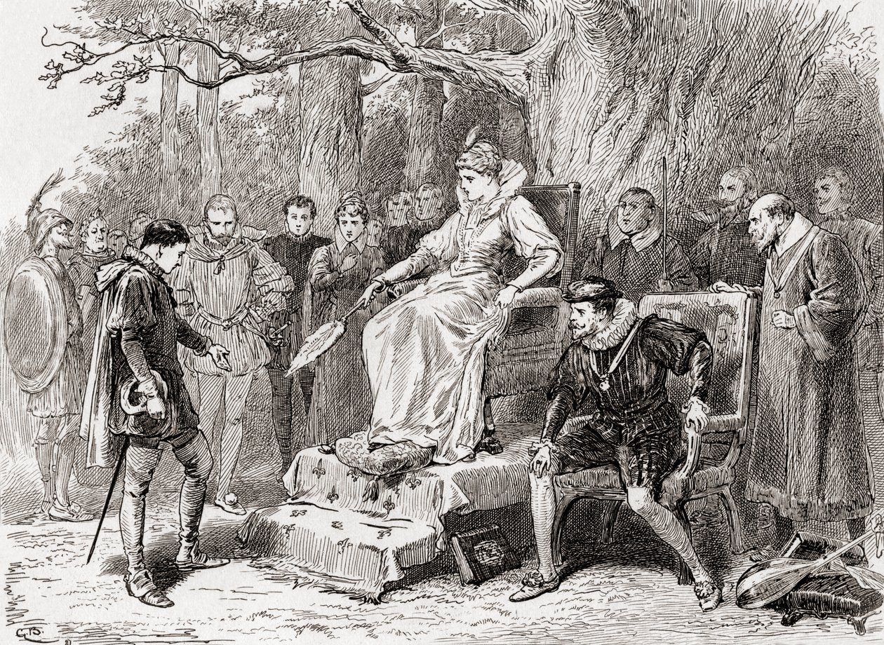 विलियम शेक्सपियर का एक दृश्य लव्स लेबर्स लॉस्ट, एक्ट वी सीन 2, मर्कडे: आई एम सॉरी, मैडम; 1896 में प्रकाशित द वर्क्स ऑफ विलियम शेक्सपियर से मेरी खबर में जो खबर आई है, वह भारी है द्वारा गॉर्डन फ्रेडरिक ब्राउन