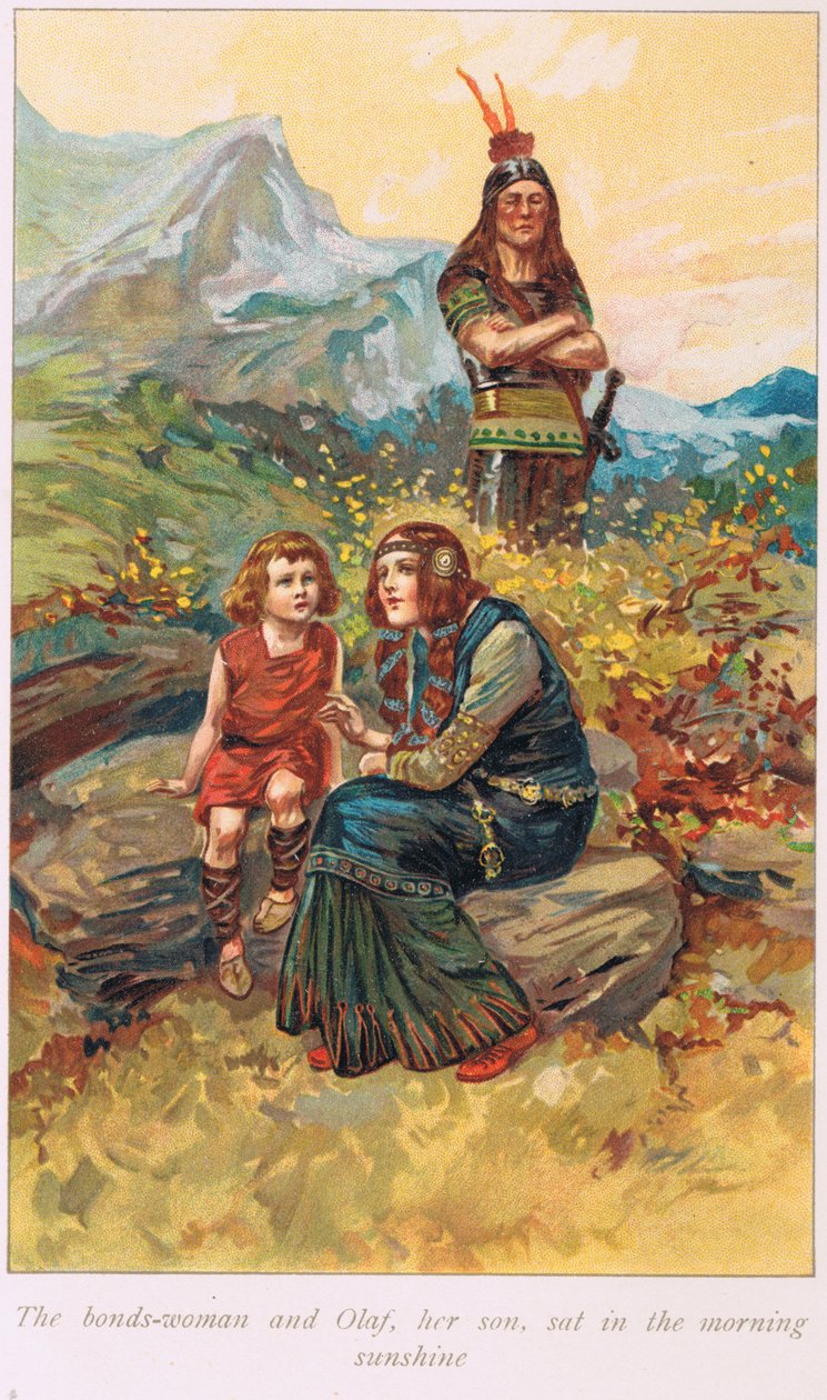 बॉन्डसमैन और ओलाफ, उनका बेटा, सुबह की धूप में बैठे, 1926 में प्रकाशित एलिस एस हॉफ़मैन द्वारा &39;द बुक ऑफ़ सगास&39; का चित्रण। द्वारा गॉर्डन फ्रेडरिक ब्राउन