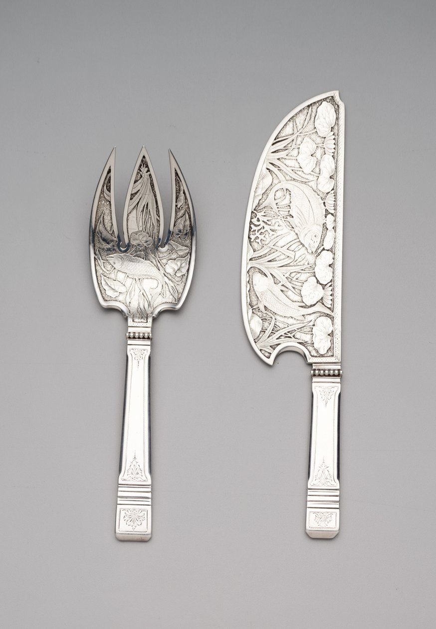 मछली का टुकड़ा और कांटा, c.1870-80 (चांदी) द्वारा गोरहम मैन्युफैक्चरिंग कंपनी