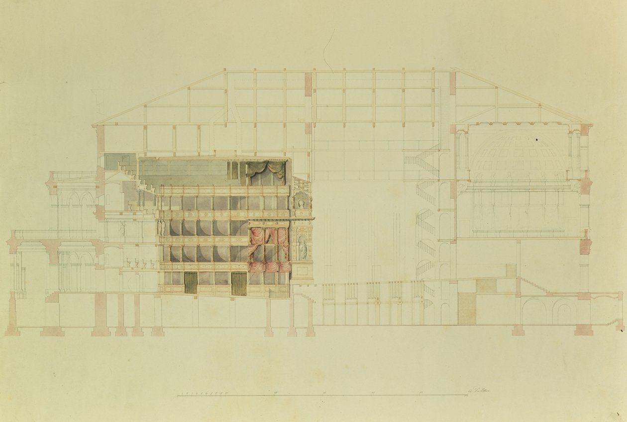 ड्रेसडेन रॉयल थियेटर की योजना, c.1838 (कागज पर कलम और स्याही और wc) द्वारा गॉटफ्रीड सेम्पर