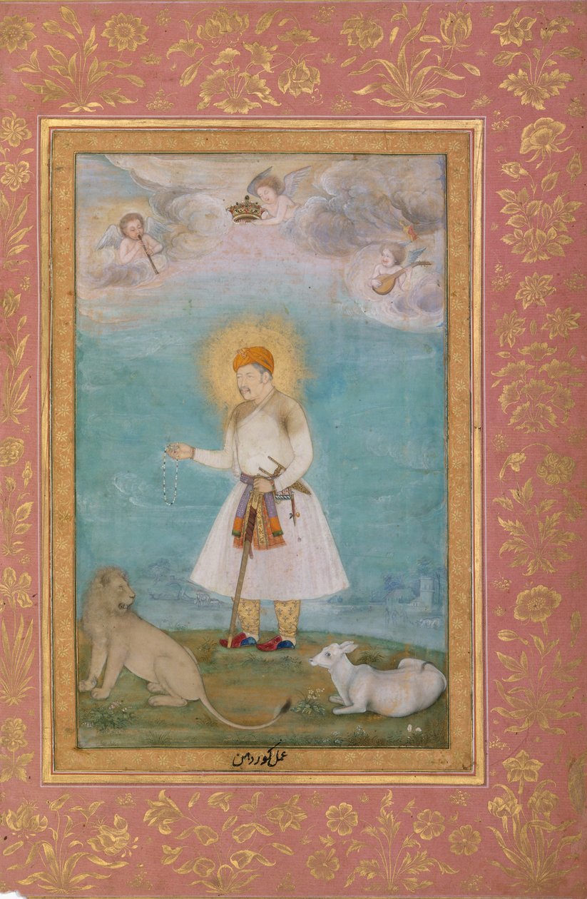 शेर और बछड़े के साथ अकबर, शाहजहाँ एल्बम से फोलियो, वर्सो: सीए। 1630, रेक्टो: सीए। 1530-50 द्वारा गोवर्धन