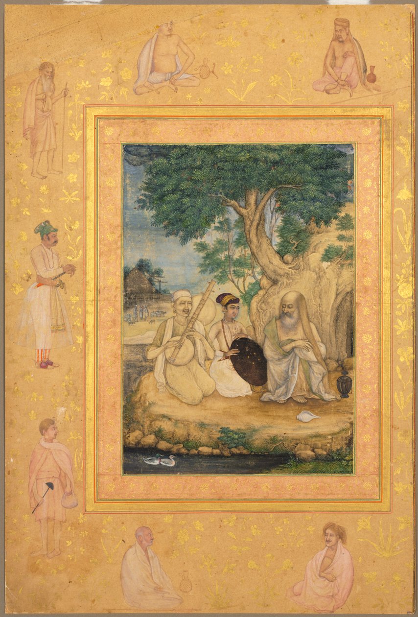 स्वर्गीय शाहजहाँ एल्बम से पृष्ठ: राजकुमार और तपस्वी, सी। 1630। द्वारा गोवर्धन