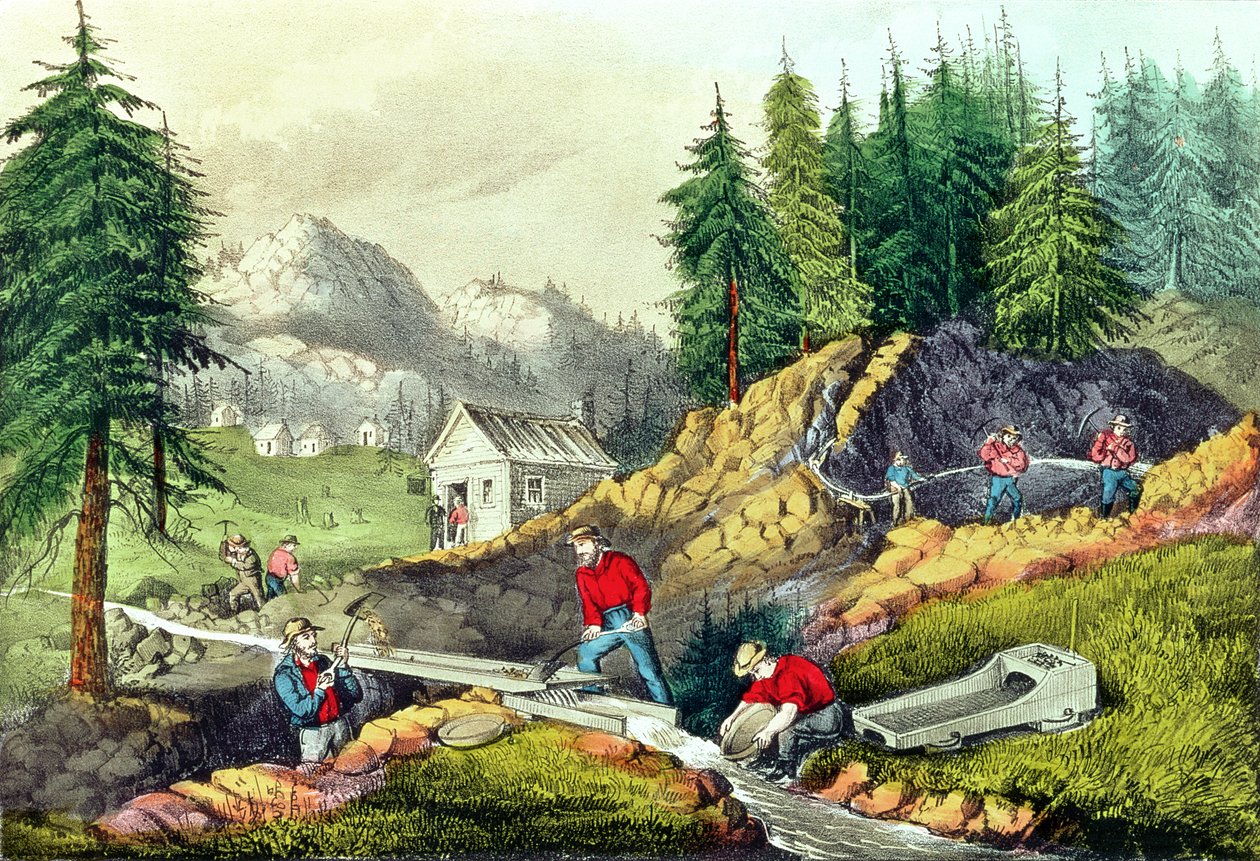 कैलिफोर्निया में गोल्ड माइनिंग, क्यूरियर und Ives द्वारा प्रकाशित, 1861 (166069 und 32910 देखें) द्वारा ग्राफ्टन टायलर ब्राउन