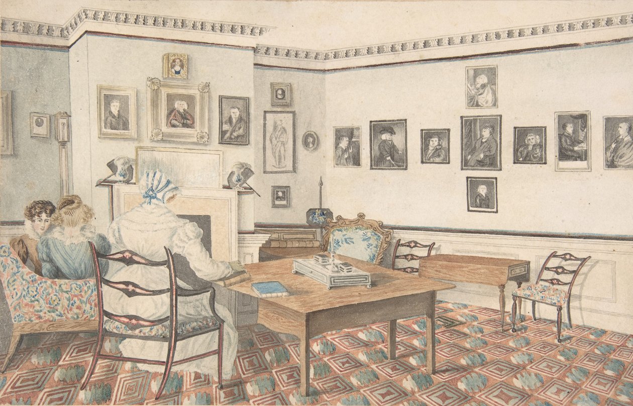 हैटन, वार्विकशायर, 1820-30 में ड्राइंग रूम। द्वारा पोती डॉ. सैमुअल पार।