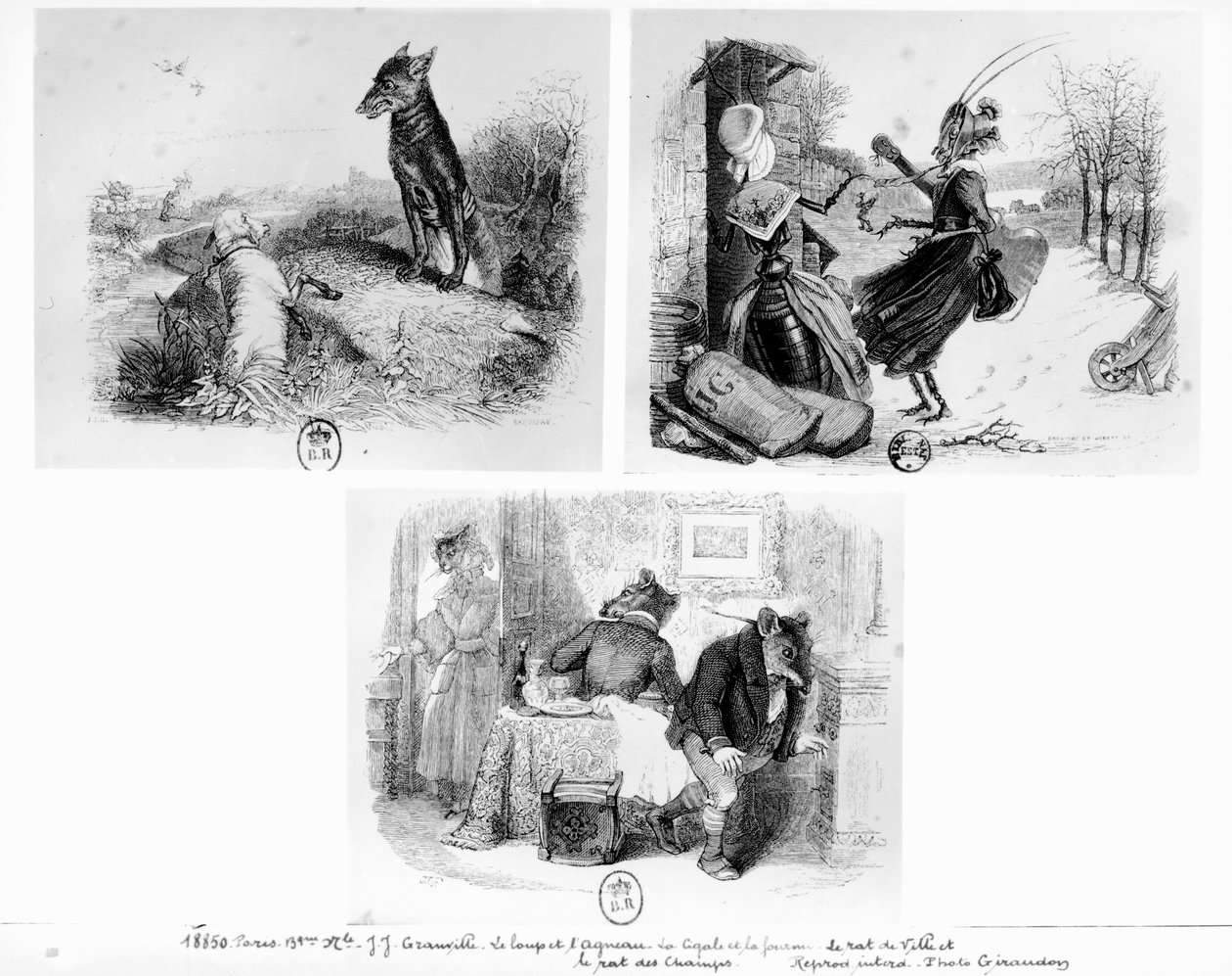 जीन डे ला फोंटेन (1621-95) द्वारा &39;द वुल्फ एंड द लैंब&39;, &39;द सिकडा एंड द एंट&39; और &39;द सिटी रैट एंड द कंट्री रैट&39; से &39;फेबल्स&39; के लिए चित्र द्वारा ग्रैंडविल