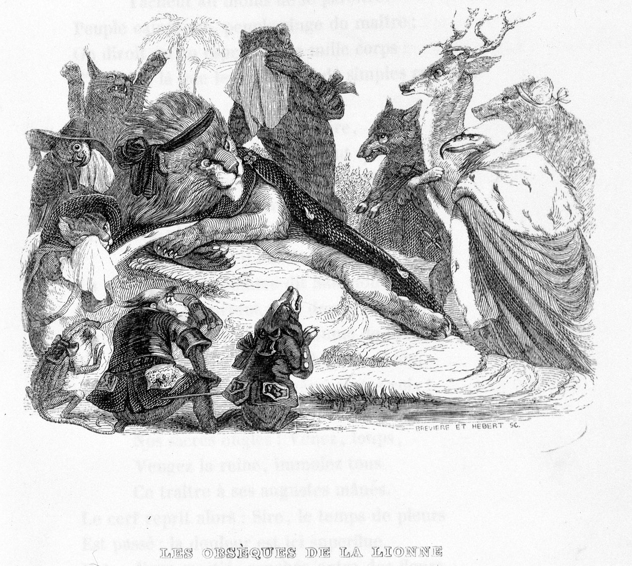 शेरनी का अंतिम संस्कार - "" Fables de La Fontaine"" में बीमार। ग्रैंडविल द्वारा द्वारा ग्रैंडविल