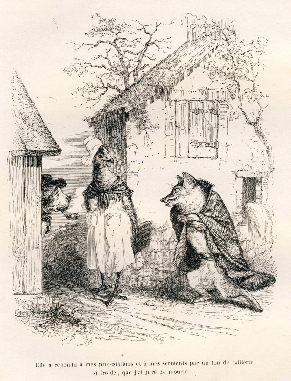 एक कुत्ते, एक मुर्गी और एक लोमड़ी के बीच बातचीत। जे जे ग्रानविले द्वारा सचित्र विगनेट्स। "जानवरों के निजी और सार्वजनिक जीवन के दृश्य" में चार्ल्स नोडियर द्वारा लिखित "ए फॉक्स कॉट इन ए ट्रैप" नामक खंड में गोडार्ड पर हस्ताक्षर किए गए उत्क द्वारा ग्रैंडविल