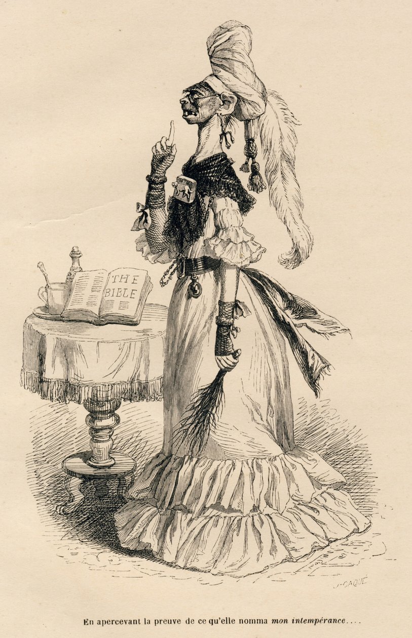 जिसे उसने मेरी बेरुखी कहा उसका सबूत देखकर जे जे ग्रानविले द्वारा सचित्र विगनेट्स। होनोर डी बाल्ज़ाक द्वारा लिखित "अंग्रेज़ी के निजी और सार्वजनिक जीवन के दृश्य" शीर्षक वाले भाग में हस्ताक्षरित कैक को उकेरना द्वारा ग्रैंडविल