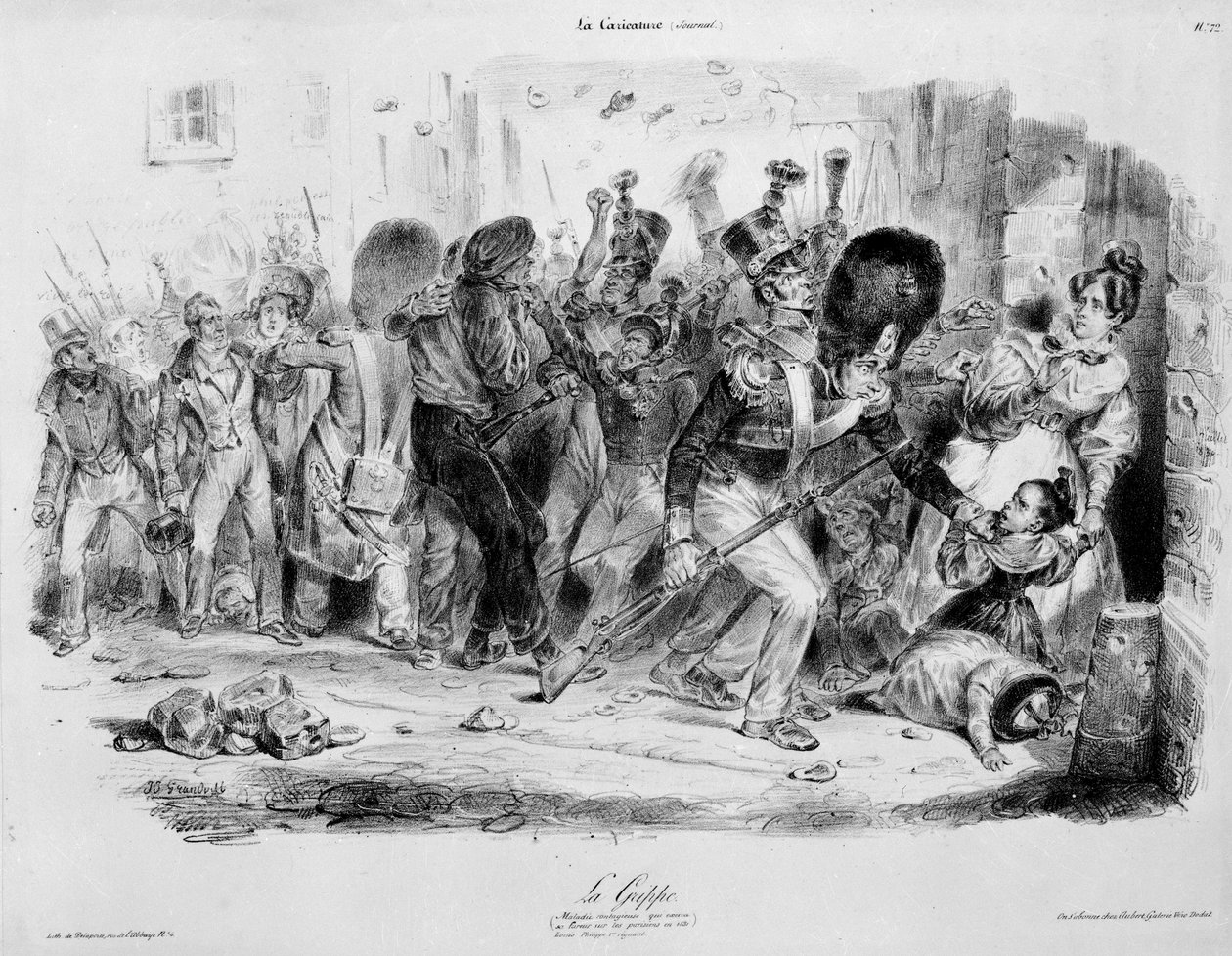 ला फ्लू (इन्फ्लूएंजा): संक्रामक रोग जो 1831 में पेरिसियों पर अपना प्रकोप फैलाता है - ग्रैंडविल द्वारा "ला कैरिकेचर" में उत्कीर्णन द्वारा ग्रैंडविल