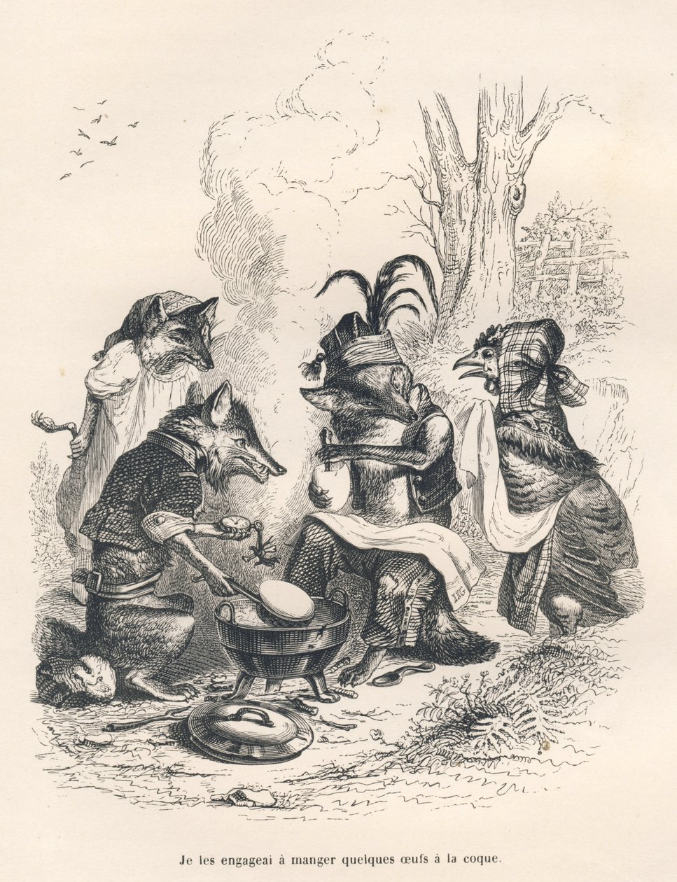 रोती हुई मुर्गी के सामने मुर्गे के अंडे खा रही लोमड़ी। जे जे ग्रानविले द्वारा सचित्र विगनेट्स। "जानवरों के निजी और सार्वजनिक जीवन के दृश्य" में चार्ल्स नोडियर द्वारा लिखित "ए फॉक्स कॉट इन ए ट्रैप" नामक खंड में गोडार्ड पर हस्ताक्षर किए ग द्वारा ग्रैंडविल
