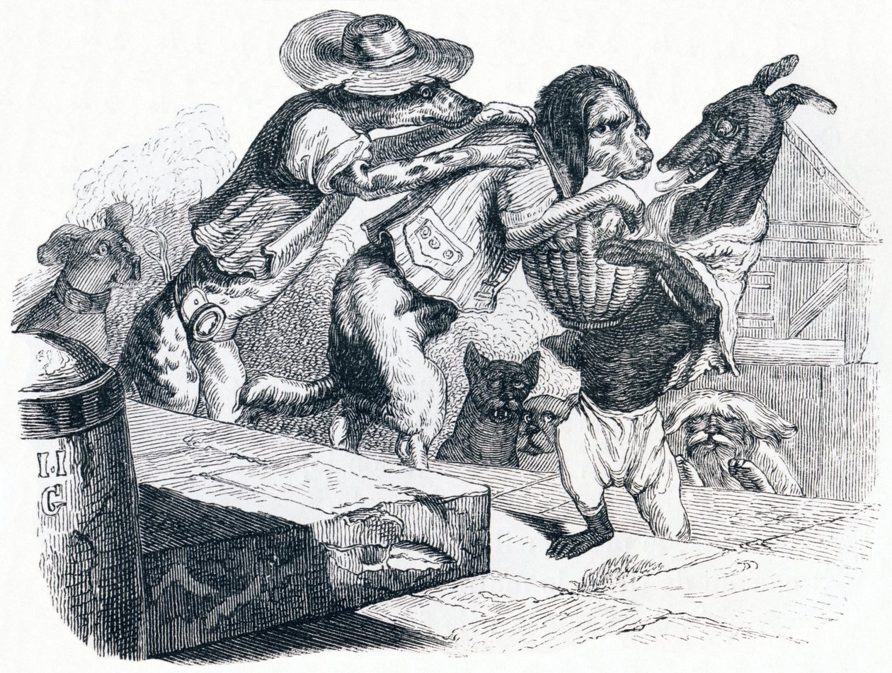 वह कुत्ता जो अपने मालिक के मुँह को अपनी गर्दन पर रखता है - Fables by La Fontaine द्वारा ग्रैंडविल