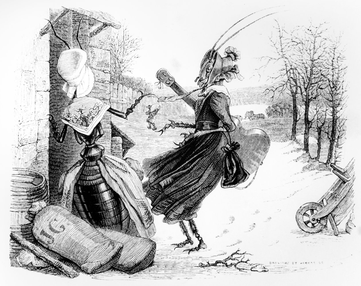 सिकाडा और चींटी, ला फॉनटेन (1621-95) के &39;दंतकथाओं&39; के लिए चित्रण, एच। फोरनियर एइन, 1838 द्वारा प्रकाशित द्वारा ग्रैंडविल