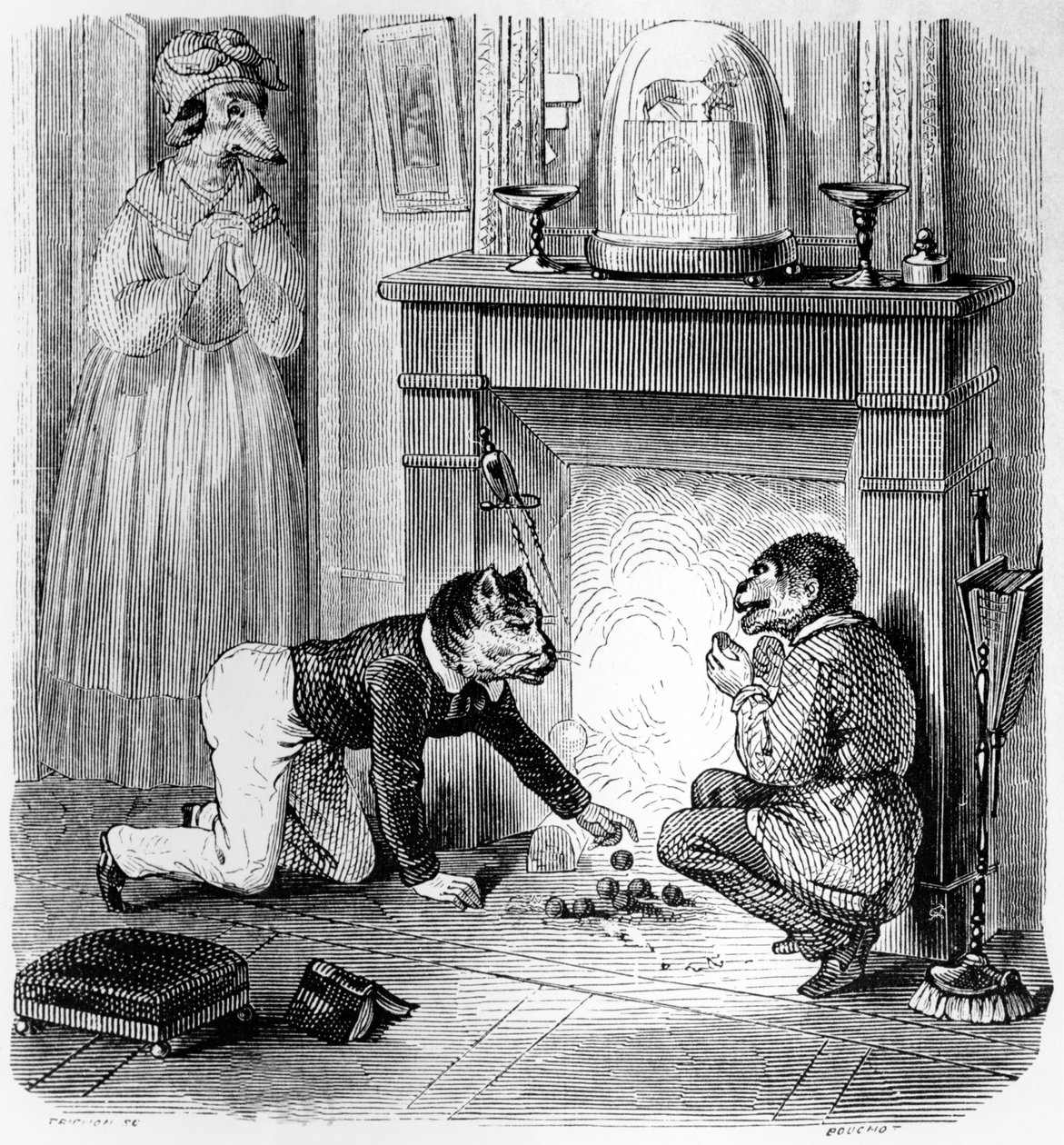 द फॉन्क एंड द कैट, चित्रण and फेबल्स ऑफ ला फॉनटेन ’(1621-95) के लिए, एच। फोरनियर एइन द्वारा प्रकाशित, 1838 द्वारा ग्रैंडविल