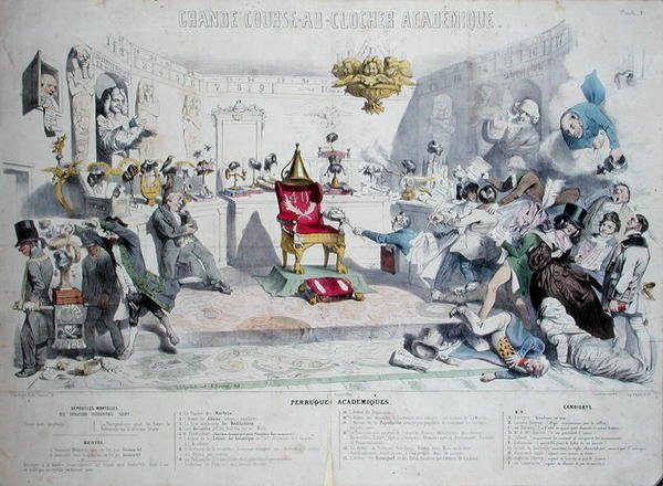 ग्रेट एकेडमिक बेल-रन, कैरिकेचर द इंस्टीट्यूट डे फ्रांस, 1839 (218693 को भी देखें) का चित्रण (रंग चित्र) द्वारा ग्रैंडविल 1803 47 के बाद ग्रैंडविल 1803 47
