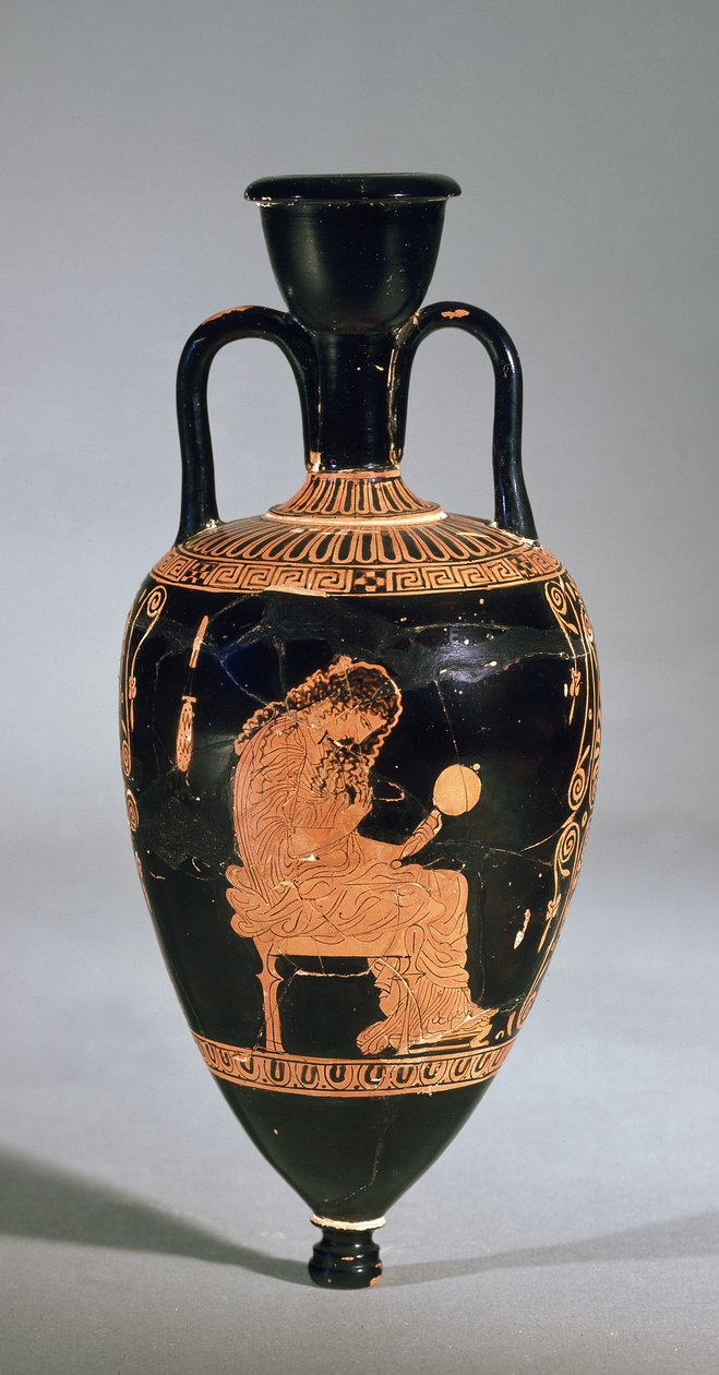 Amphoriskos अपने बालों को दिखाते हुए एक महिला को दिखाते हुए, एक दर्पण (सिरेमिक) पकड़े हुए द्वारा यूनानी