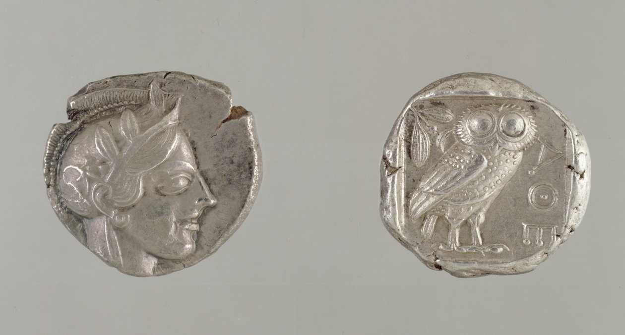 एक ड्रेचमा के दोनों किनारे, एथेना के सिर और एक उल्लू, एथेंस से, c.450-440 ईसा पूर्व (रजत) द्वारा यूनानी