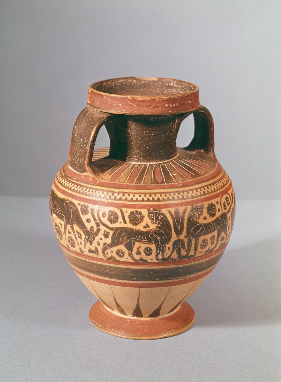 कोरिंथियन शैली का अम्फोरा, c.600 ईसा पूर्व (सिरेमिक) द्वारा यूनानी