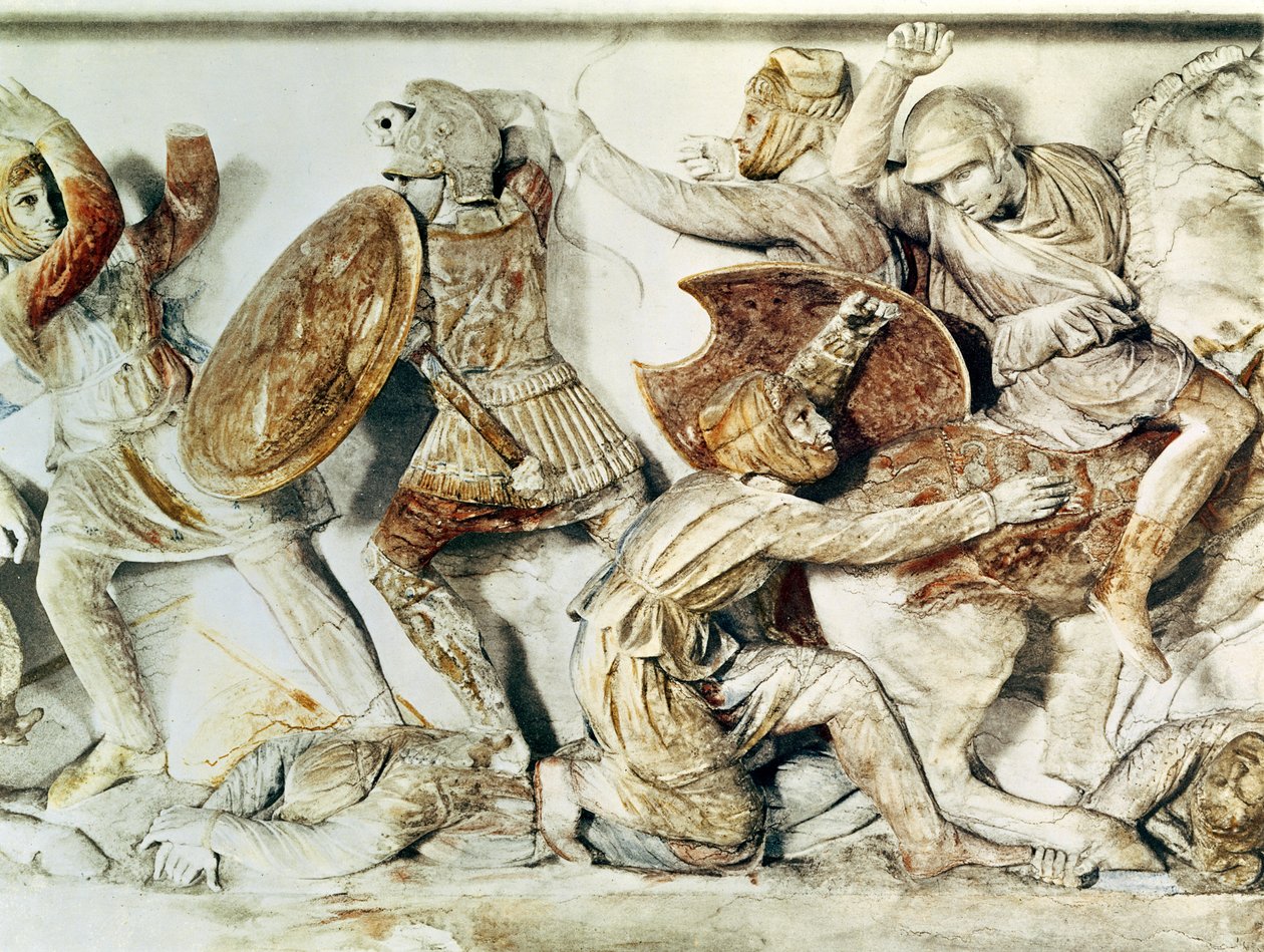 अलेक्जेंडर सरकोफैगस एक युद्ध दृश्य का चित्रण, c.325-300 ईसा पूर्व (दीवार पेंटिंग) द्वारा यूनानी