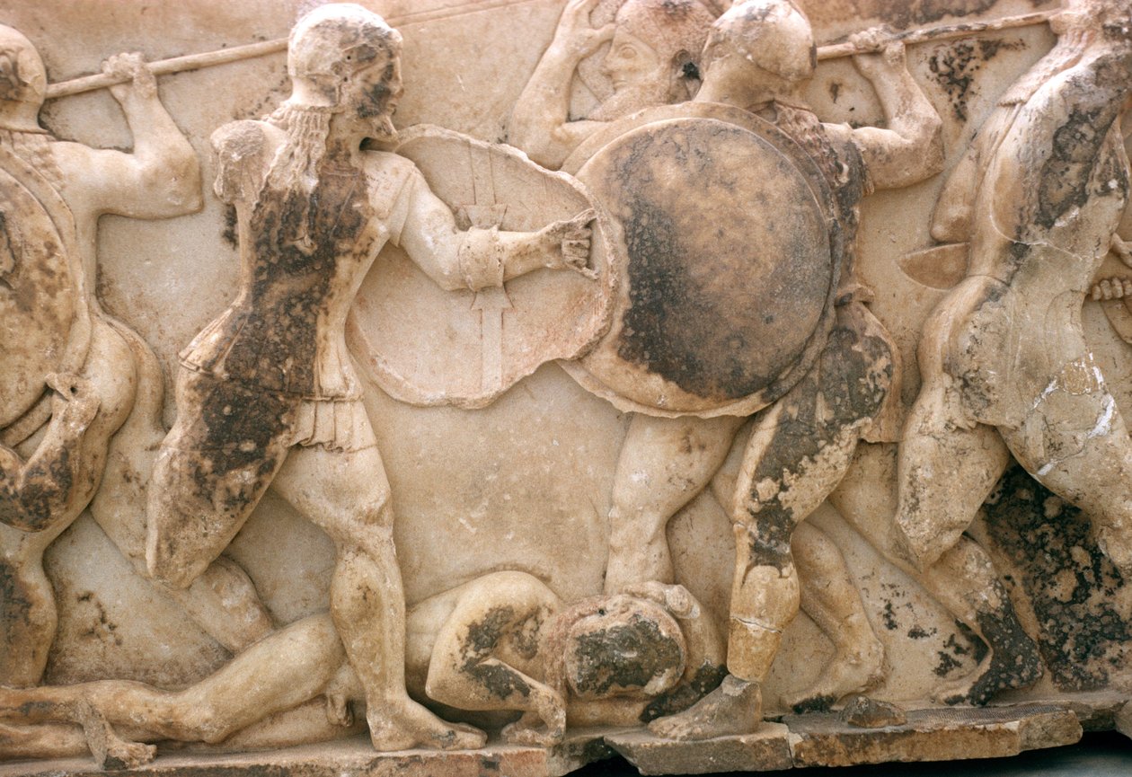 पेट्रोक्लस के शरीर पर लड़ो, Siphnian ट्रेजरी से भून, c.525 ईसा पूर्व (संगमरमर) द्वारा यूनानी