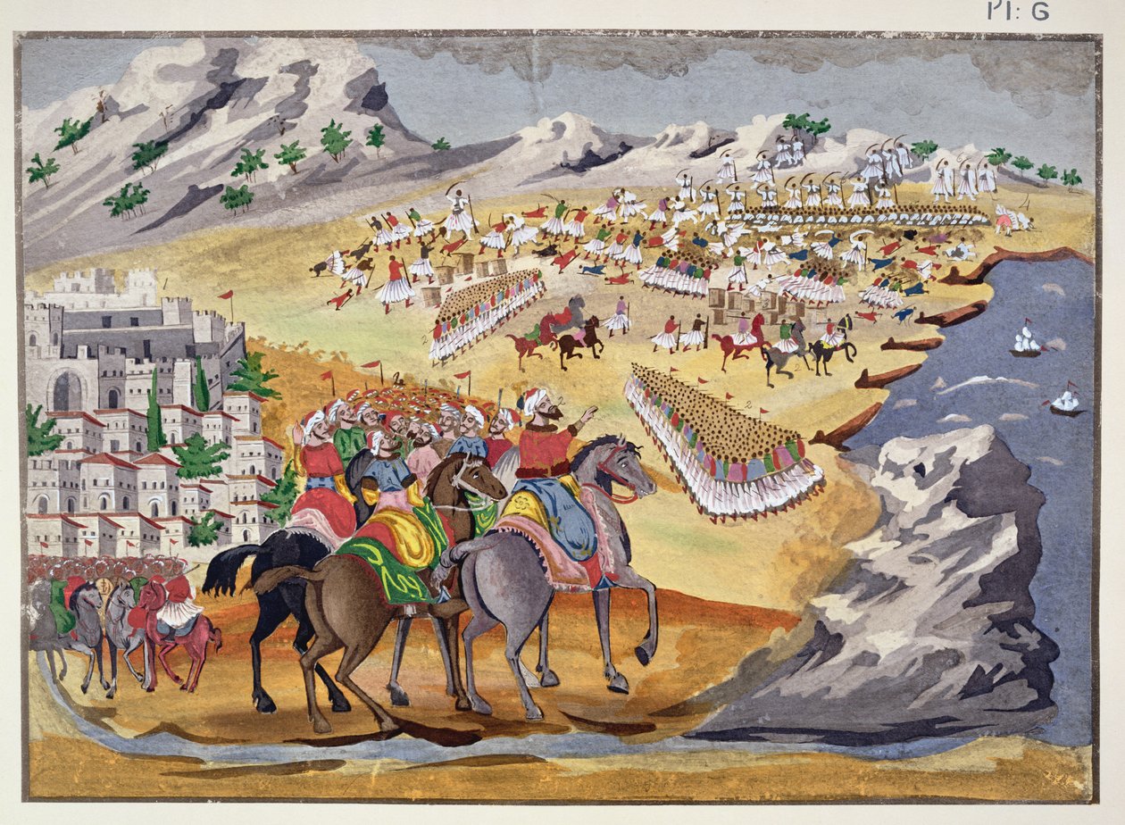 1821 में ग्रीक युद्ध की स्वतंत्रता के सचित्र इतिहास से लैंगडा और कॉम्पोटी की लड़ाई द्वारा ग्रीक स्कूल