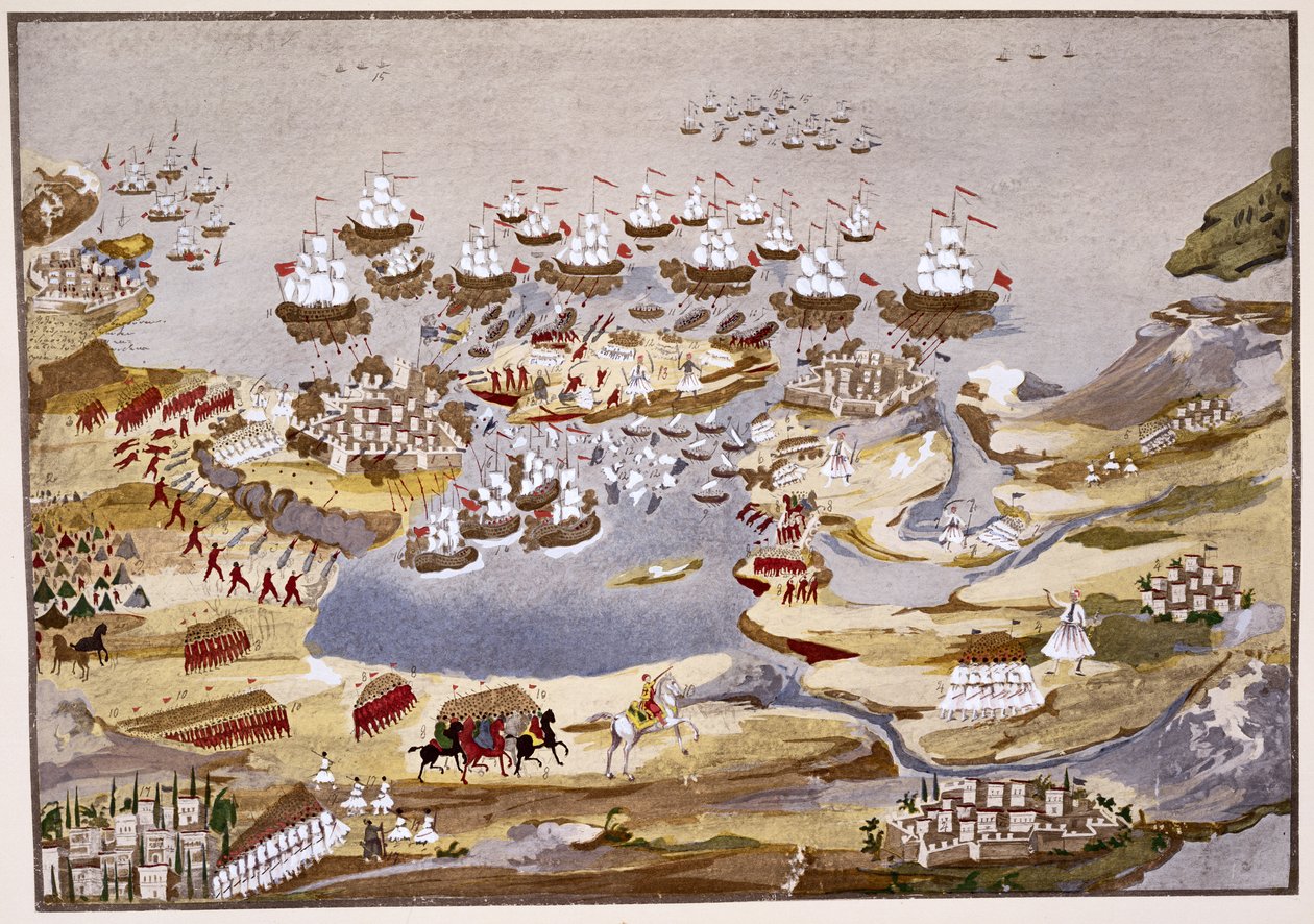 जनरल मैक्रीजनिस द्वारा यूनानी युद्ध की स्वतंत्रता के सचित्र इतिहास से घेराबंदी और नौसेना युद्ध, प्लेट 13 द्वारा ग्रीक स्कूल