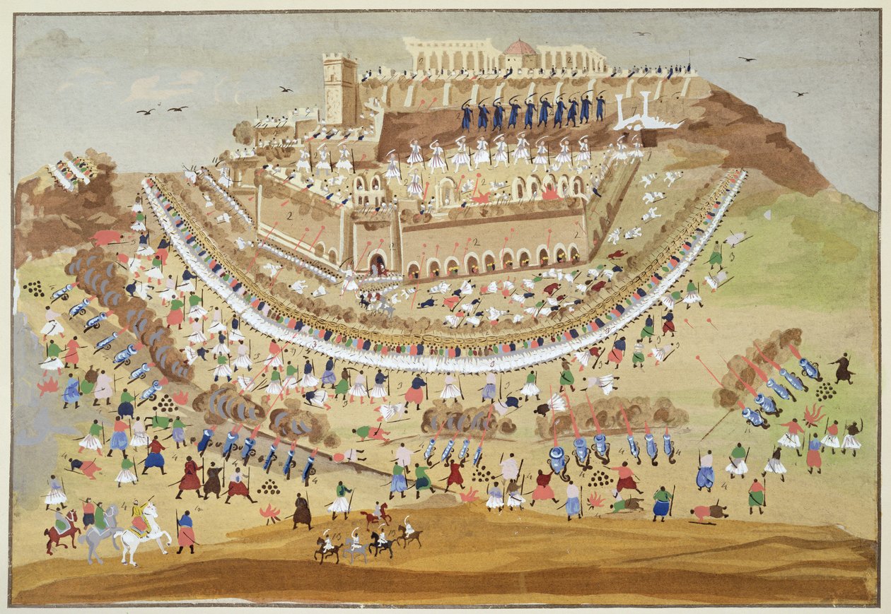 1827 में ग्रीक युद्ध की स्वतंत्रता के सचित्र इतिहास से एथेंस की घेराबंदी द्वारा ग्रीक स्कूल