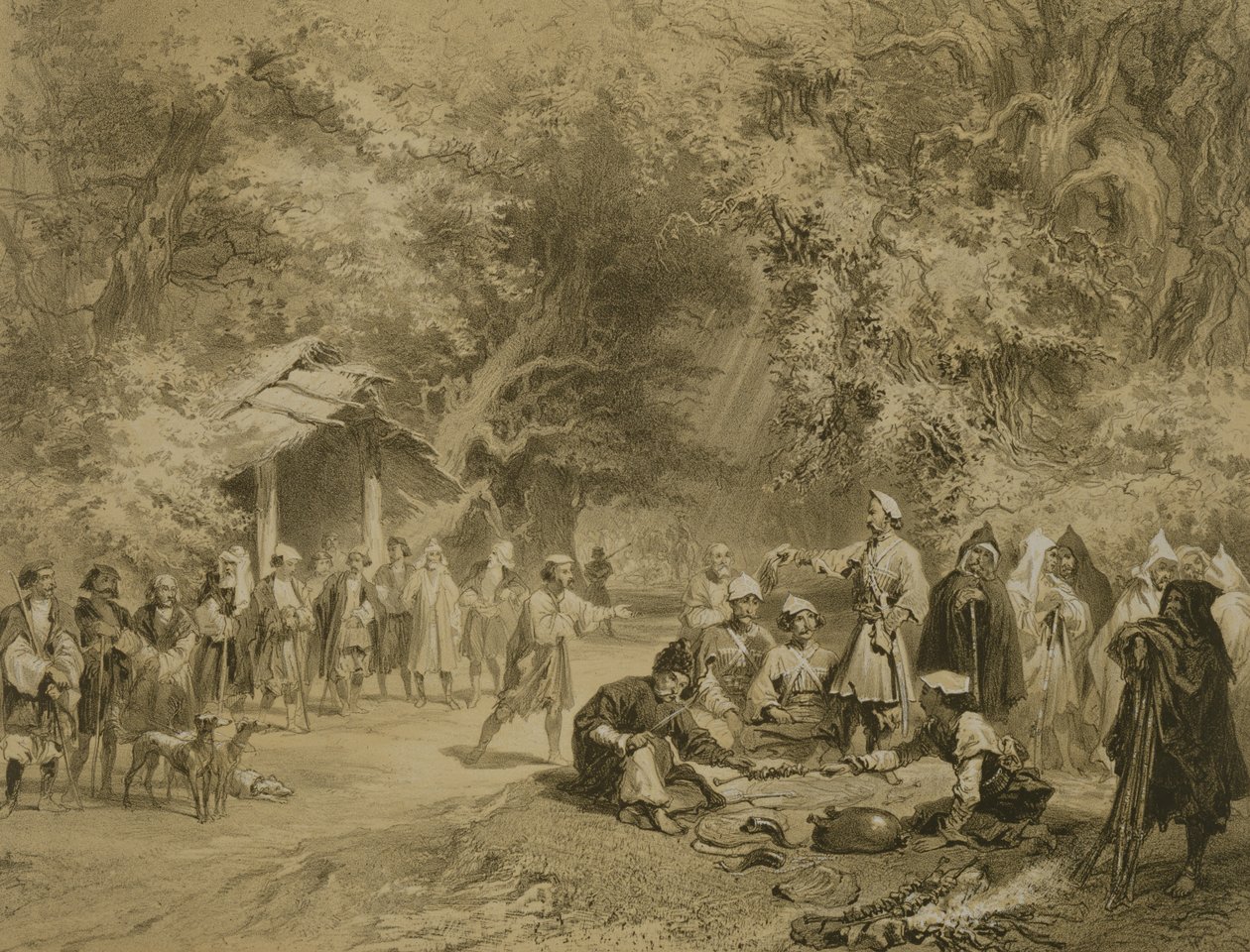 द हंट ऑफ मिंगरेलिया, काकेशस पर एक किताब से प्लेट 6, Adolphe Mouilleron (1820-81) द्वारा उत्कीर्ण अल्फ्रेड लियोन लेमरसीर, पेरिस, 1847 द्वारा ग्रिगोरी ग्रिगोरेविच गगारिन