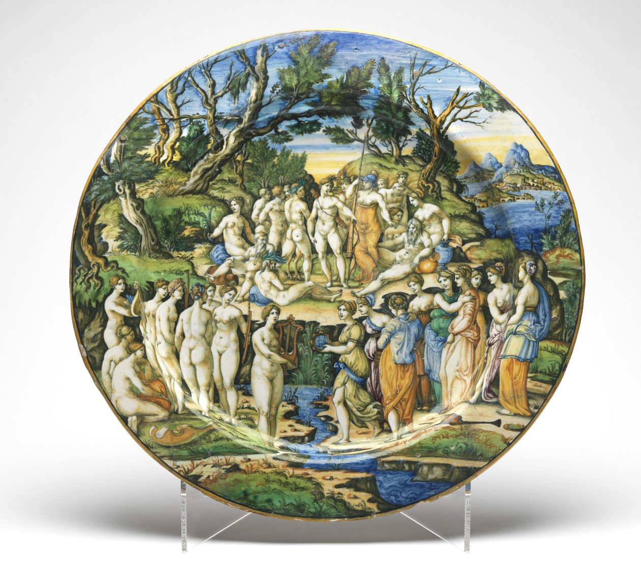 मसल्स और पियर्स के बीच प्रतियोगिता, c.1545-50 (टिन-चमकता हुआ मिट्टी के बरतन) द्वारा गुइडो डुरंटिनो