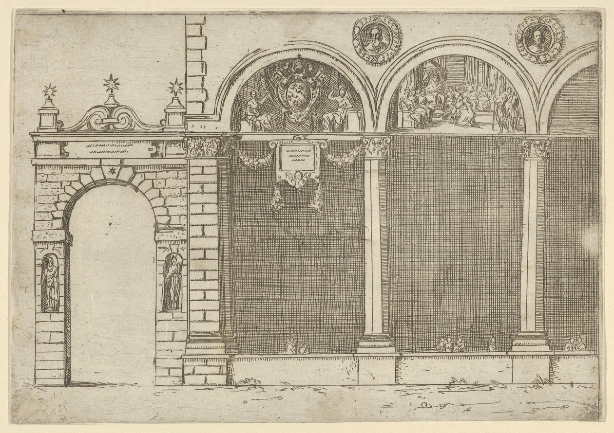 ई के लिए अस्थायी सजावट के साथ बोलोग्ना के आर्कबिशप के महल का आर्केड..., 1598। द्वारा गुइडो रेनी