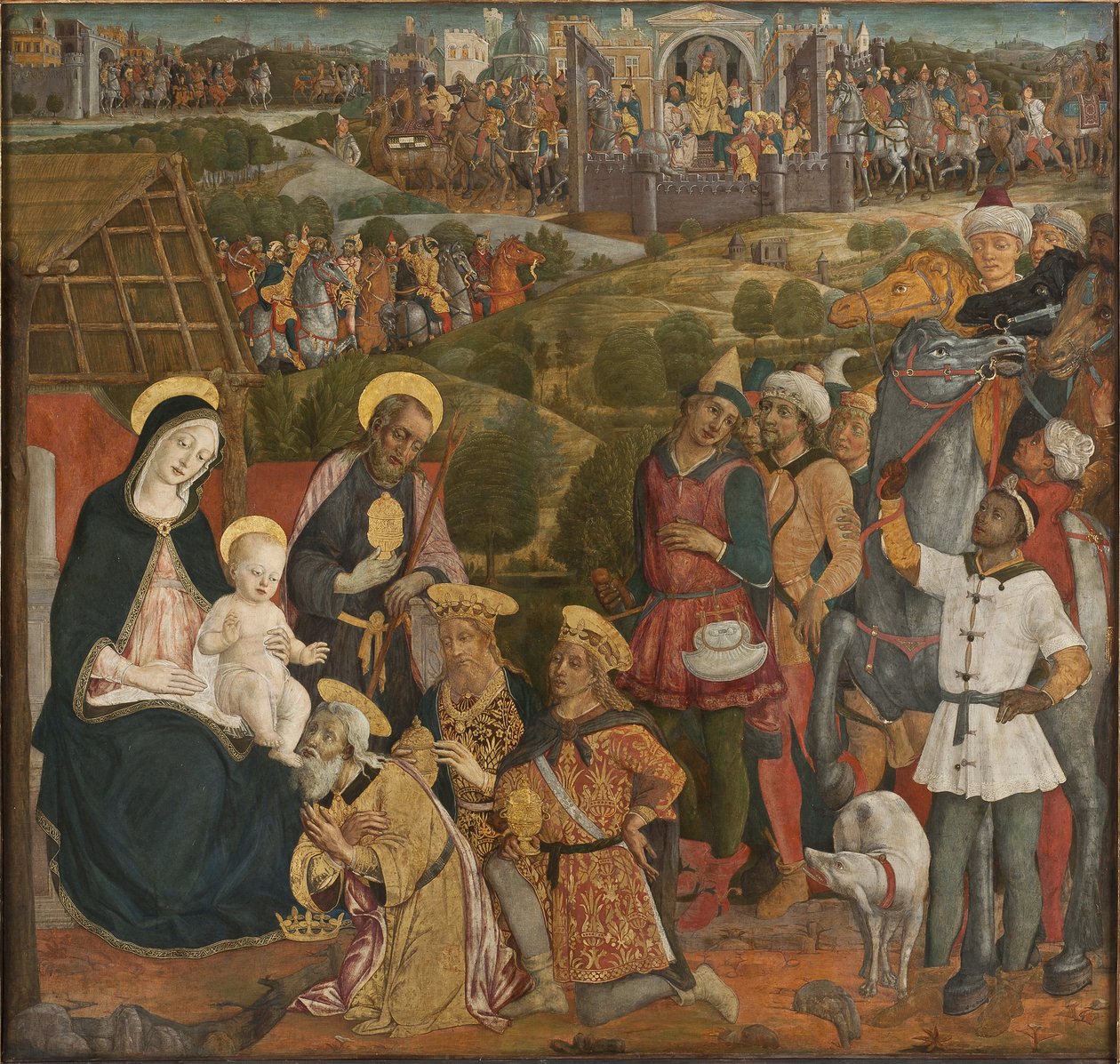 L'adoration des mages - The Adoration of the Magi, Cozzarelli द्वारा, Guidoccio di Giovanni (1450-1517)। कैनवास पर तापमान और तेल। आयाम: 168x176 सेमी। राष्ट्रीय संग्रहालय स्टॉकहोम द्वारा गाईडोकियो डि गियोवानो कोजेरेली