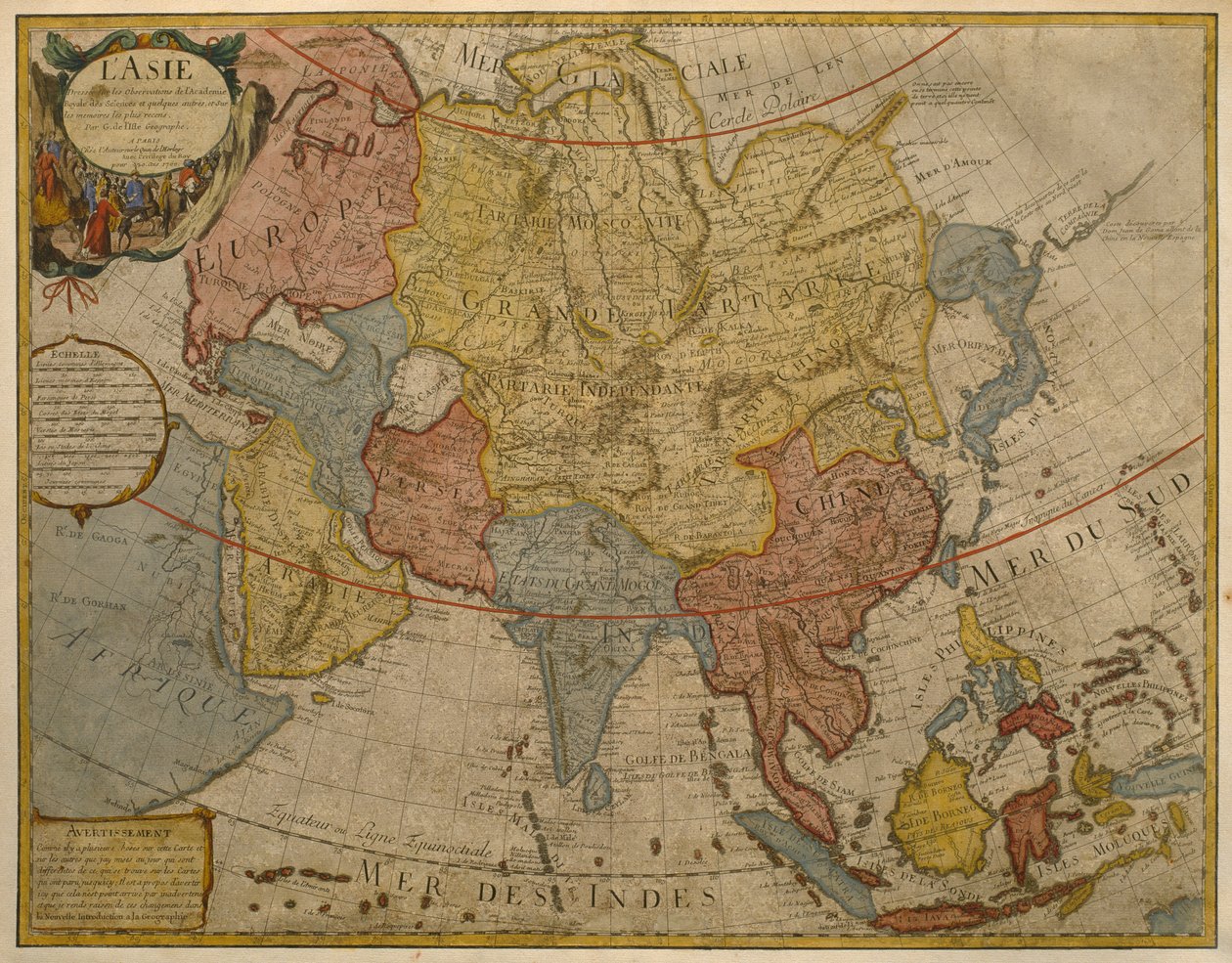 एशिया का मानचित्र, 1700 में प्रकाशित, पेरिस (रंग उत्कीर्णन) द्वारा गिलौम डेलिसल
