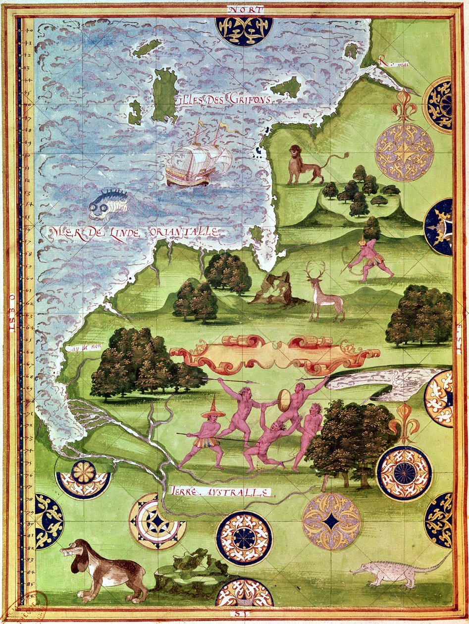 कॉसमोग्राफी यूनिवर्सेल ’, 1555 से ऑस्ट्रेलिया का फॉल्स.34 वी मैप द्वारा गिलौम ले टेस्टु
