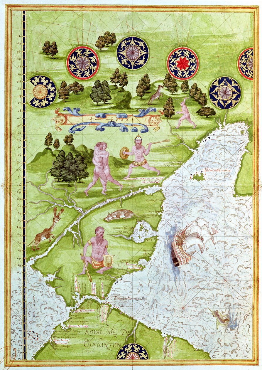 1555 में &39;कॉसमोग्राफी यूनिवर्सली&39; से मैगेलन जलडमरूमध्य का फॉल्स .40v मानचित्र द्वारा गिलौम ले टेस्टु