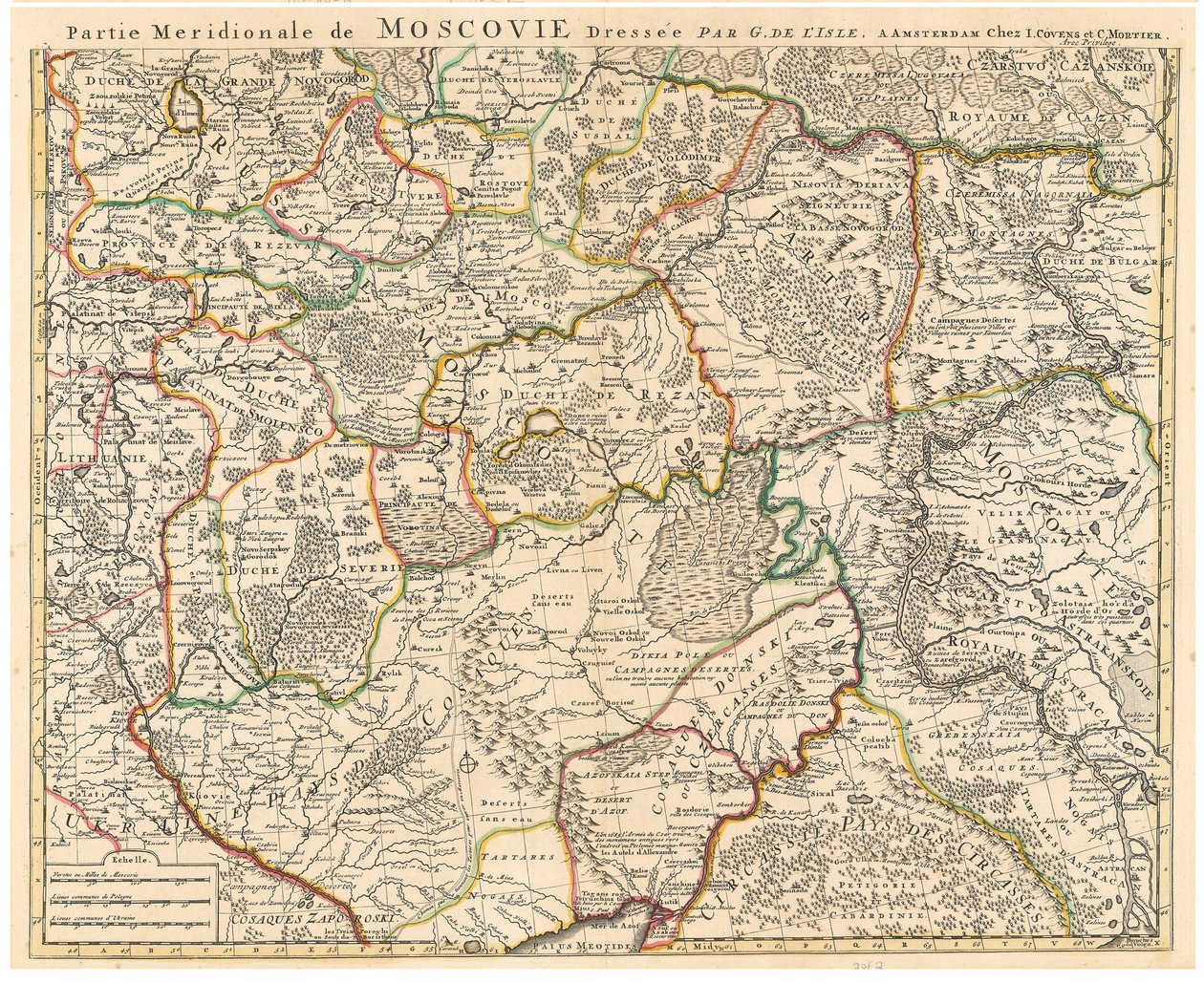 मस्कॉवी पार डेलिसले (डी ल आइल), गिलौम (1675-1726) का नक्शा नक़्क़ाशी, जल रंग द्वारा गिलौम डेलिसल
