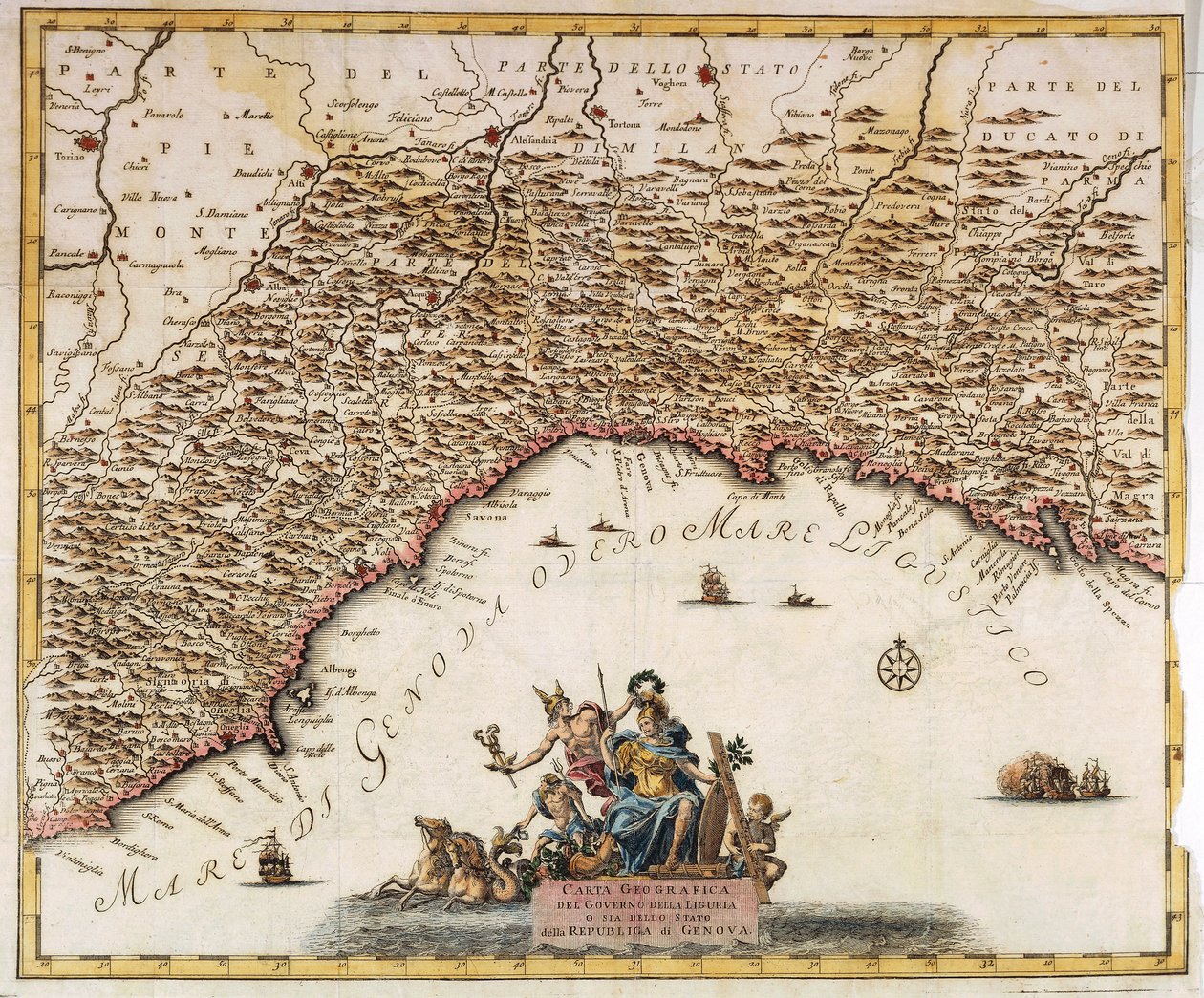जेनोआ गणराज्य, गिलाउम डी ल आइल द्वारा मानचित्र, विश्व की वर्तमान स्थिति, वेनिस, कॉपर उत्कीर्णन द्वारा गिलौम डेलिसल