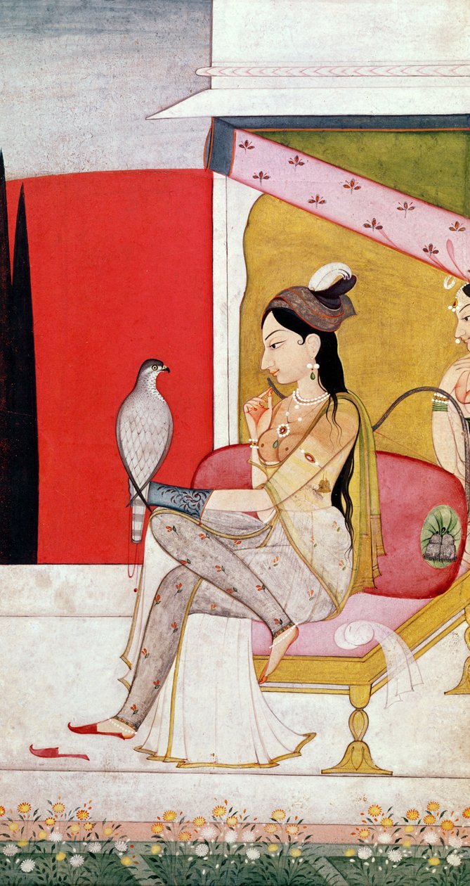 लेडी विथ ए हॉक, पहाड़ी स्टाइल, पंजाब हिल्स, c.1750 (कागज पर पेंट) द्वारा गुलर स्कूल
