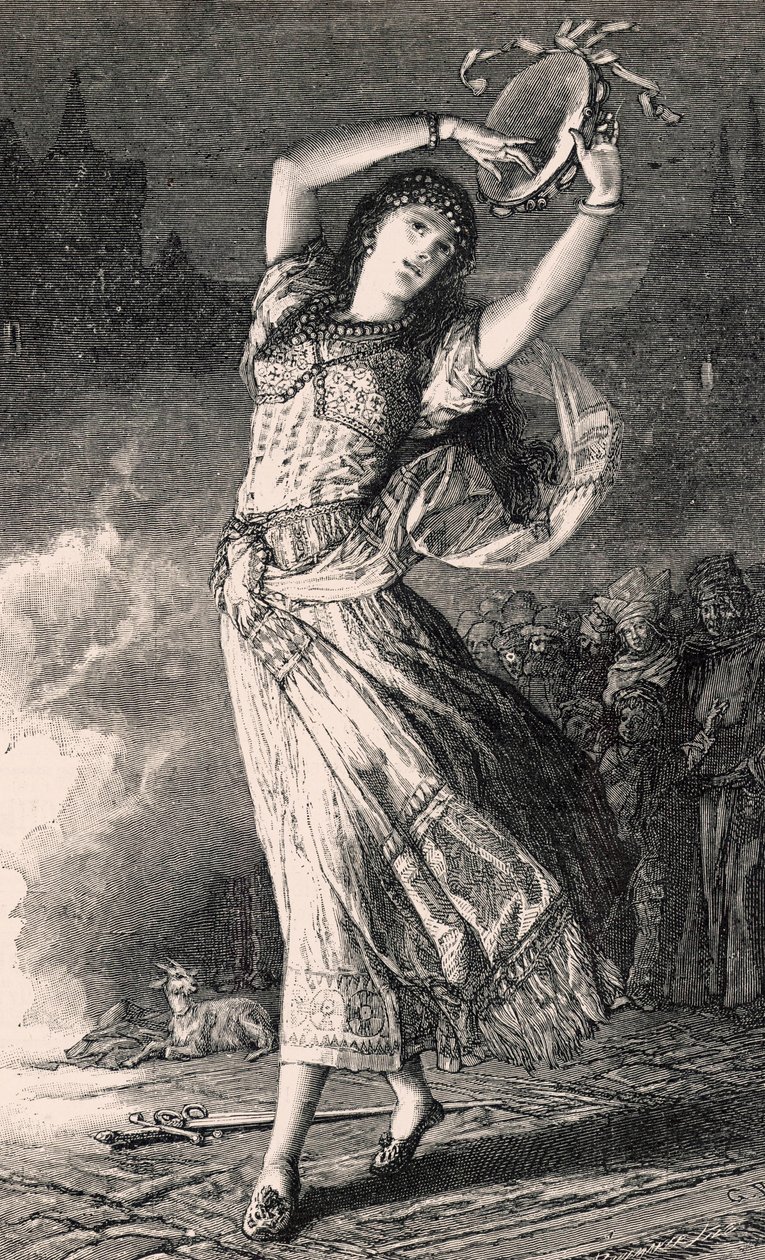 La Esmeralda - Notre Dame de Paris, 19 वीं शताब्दी (bw उत्कीर्णन) से चित्रण द्वारा गुस्ताव ब्रेयन