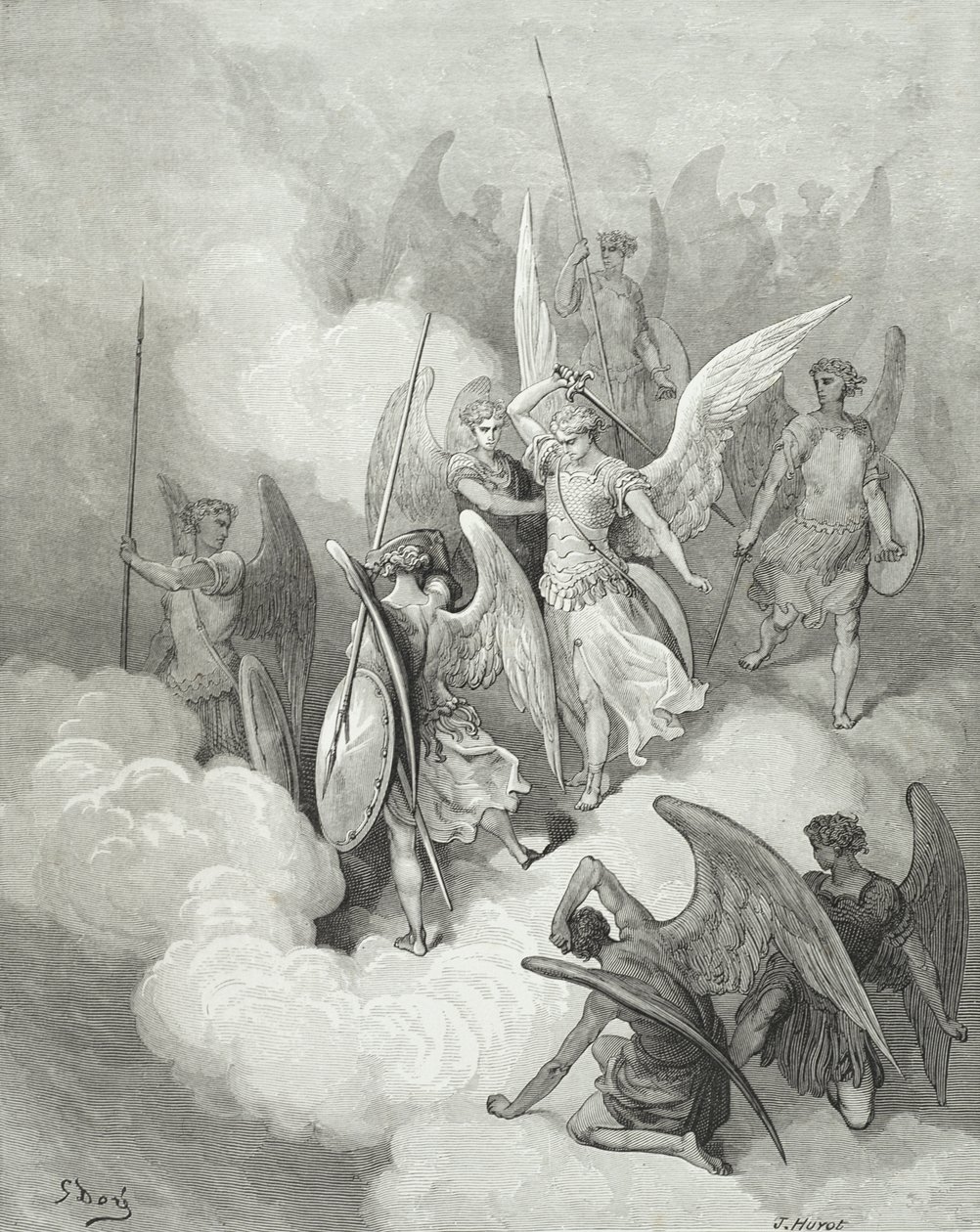 जॉन मिल्टन (1608-74) द्वारा &39;पैराडाइज लॉस्ट&39; से अब्दिल और शैतान, ह्यूयोट द्वारा उत्कीर्ण, सी। 13.18 द्वारा गुस्ताव डोर