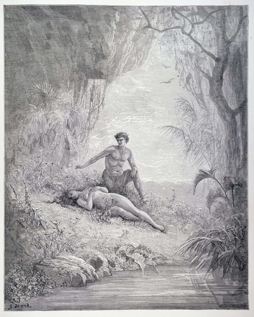 एडम और ईव, जॉन मिल्टन (1608-74) की पुस्तक &39;पैराडाइज लॉस्ट&39; के वी स्टीफन पन्नमेकर (1847-1930) द्वारा उत्कीर्ण द्वारा गुस्ताव डोर