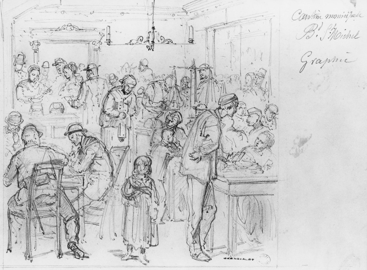 पेरिस की घेराबंदी की एल्बम, म्यूनिसिपल कैंटीन बुलेवार्ड सेंट माइकल (कागज पर पेन अन्ड ब्राउन इंक धोना पेंसिल); सेंट; सेंट; bw फोटो; काले और सफेद फोटोग्रॉफ द्वारा गुस्ताव डोर