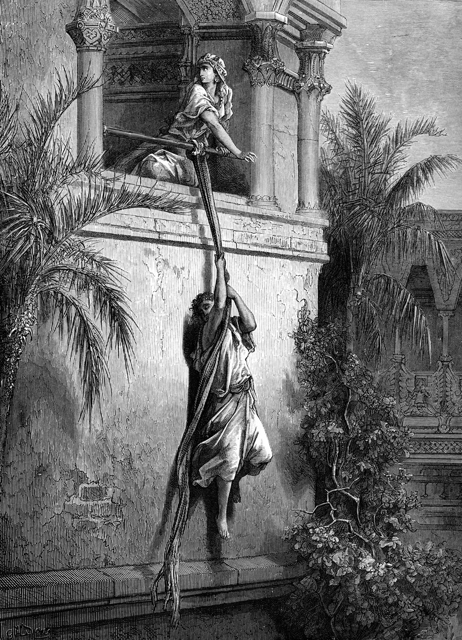 डोर के द्वारा डेविड खिड़की से भाग जाता है - बाइबिल द्वारा गुस्ताव डोर